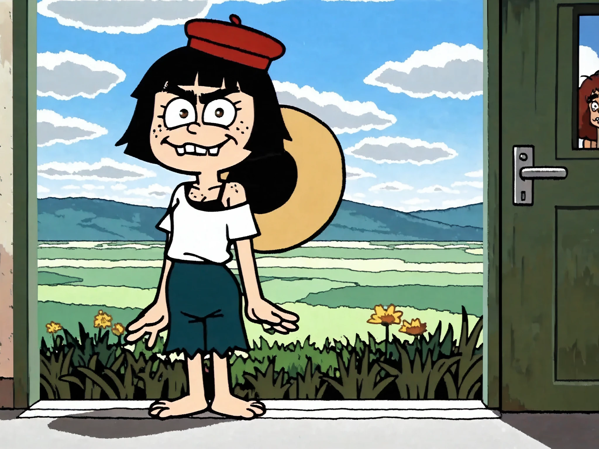 masterpiece, newest,absurdres, incredibly absurdres, (surreal:1.5), 1girl (freckles), ((natural Fluorescent unibrow, unibrow)), huge two gaped-bucktooth face), outdoors, solo, hat, sailor girl, white dress, black hair, scenery, short hair, flower, sky, day, bag, from behind, grass, short sleeves, cloud, blue sky, shadow, horizon, standing, looking at viewer,photo \(medium\), photoshop \(medium\), photo background, split theme, realistic, cartoony style, cute little girl,(foot, hips, focus toes), (spiky-length red-headed), black fur, (wavy) short hair, mouth, ((loose-teeth)) , {(black bra, bra cleavage, deep cleavage, bouncing breast, jiggy breast)} rear view, detailed FEMALE, tan skin texture , highly detailed real skin texture , (real skin texture: 1 . 0) , (Freckles , skin freckles , pores , skin blemishes: 0 . 4) freckles on breasts, (shaved moustache, (bowl cut) cut forehead 1female_Green Door, BREAK Green Door shows her large crooked-tooth smile, in red-ribbon, navy-blue-blacken-seifuku(Alone, short stature:1.3),slim, hyper shaved upper lips, shaved lip hair, bad lips with hair Follicles, hairy follicles on chin, shaved chin hair, shaved face hair, pump lips, curved eyebrows, hair bugs, sideburns, brown eyes, on overhang cute cat-print-brief, bare shoulder, , (unibrow) eyebrows, (cute hat on head, cap on back, girl shorts), (chibi door, chibi female, chibi), blacken-sunset background