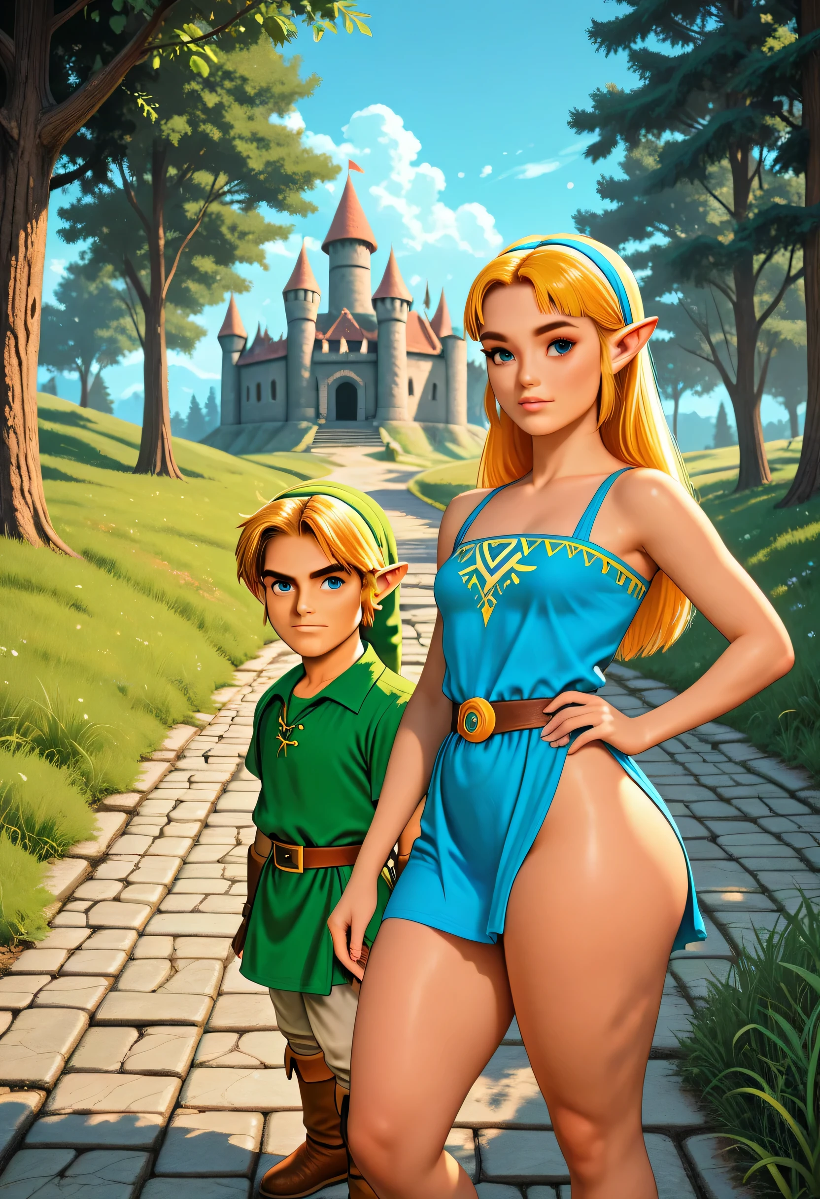 (perfect face), (perfect body), legend of zelda, link, (small breasts), young link, (thick thighs), standing, (legend of castle, stone road, grass, trees, blue sky), looking at viewer
