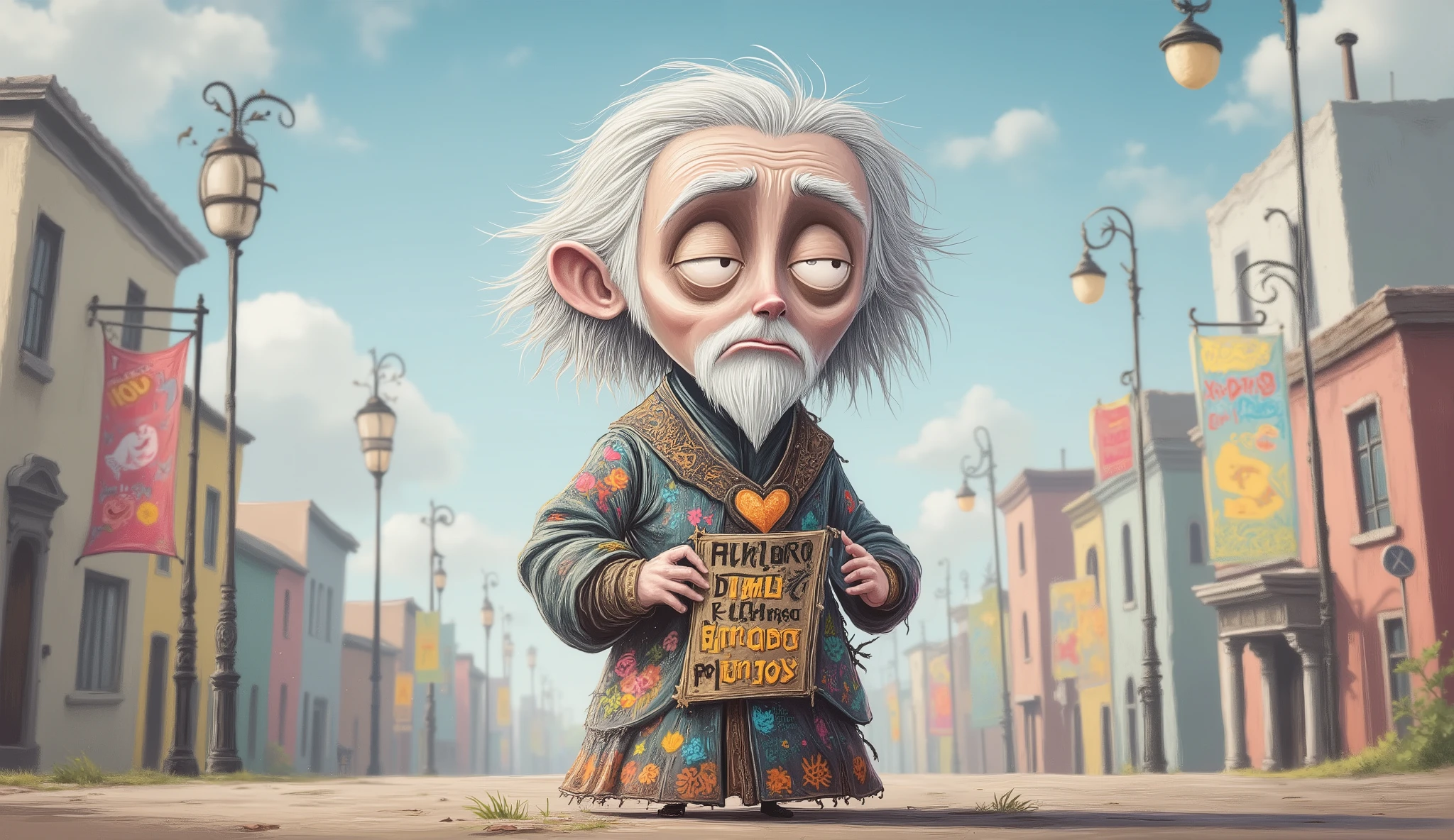 qualidade superior, obra-prima, detalhado, Prophet Kindness in a chibi cartoon version, super deformed proportions with a large head and small body, huge, shiny eyes, stylized white beard in the shape of a heart, shoulder-length white hair, rectangular banner in the hands with the inscriptions "Kindness generates kindness" , tunic with psychedelic patterns and famous phrases in colored graffiti style, In the background the city of Rio de Janeiros, adorable and serene expression, pastel colors with neon, kawaii manga style mixed with Brazilian urban art