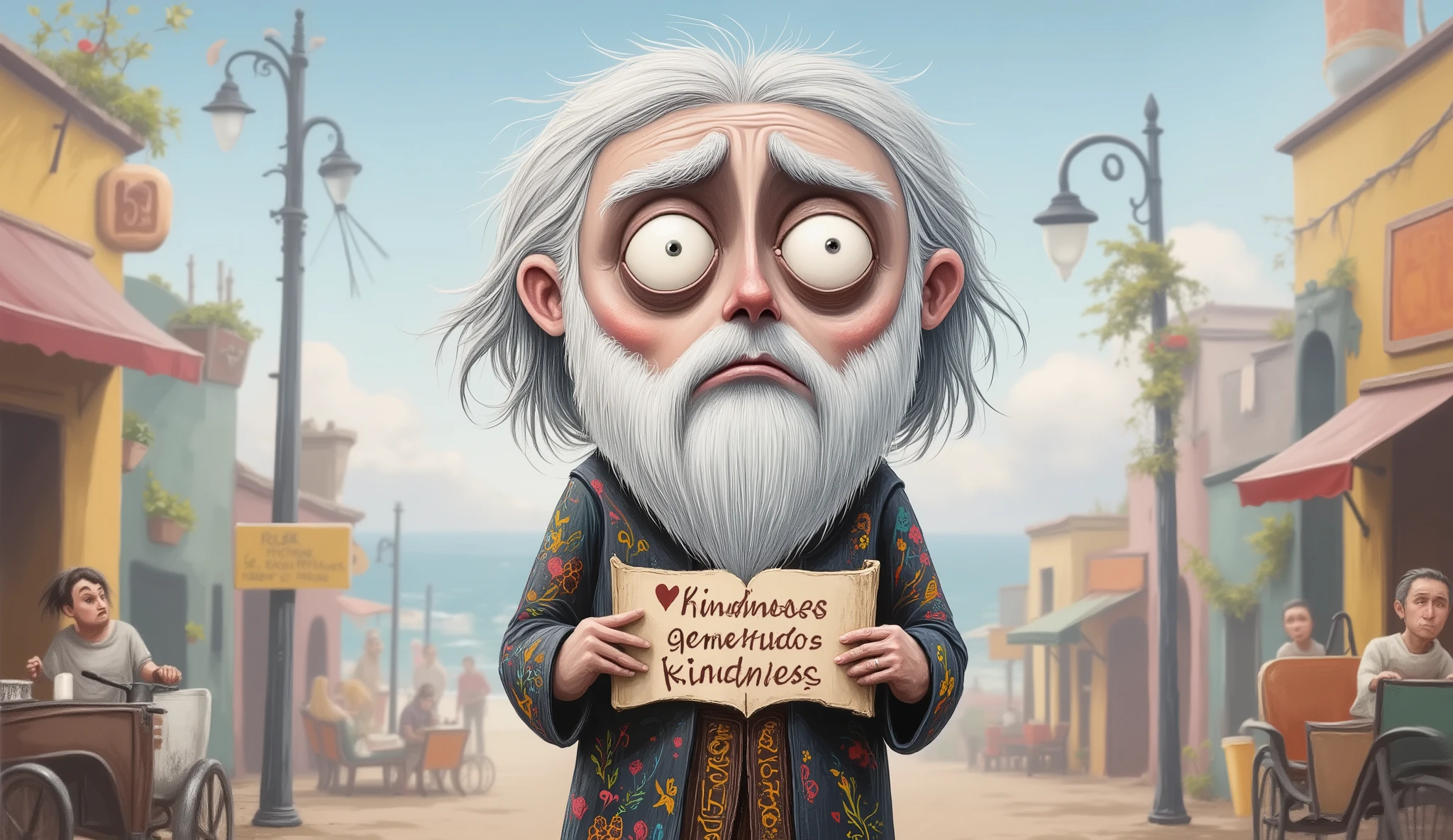 qualidade superior, obra-prima, detalhado, Prophet Kindness in a chibi cartoon version, super deformed proportions with a large head and small body, huge, shiny eyes, stylized white beard in the shape of a heart, shoulder-length white hair, rectangular banner in the hands with the inscriptions "Kindness generates kindness" , tunic with psychedelic patterns and famous phrases in colored graffiti style, In the background the city of Rio de Janeiros, adorable and serene expression, pastel colors with neon, kawaii manga style mixed with Brazilian urban art