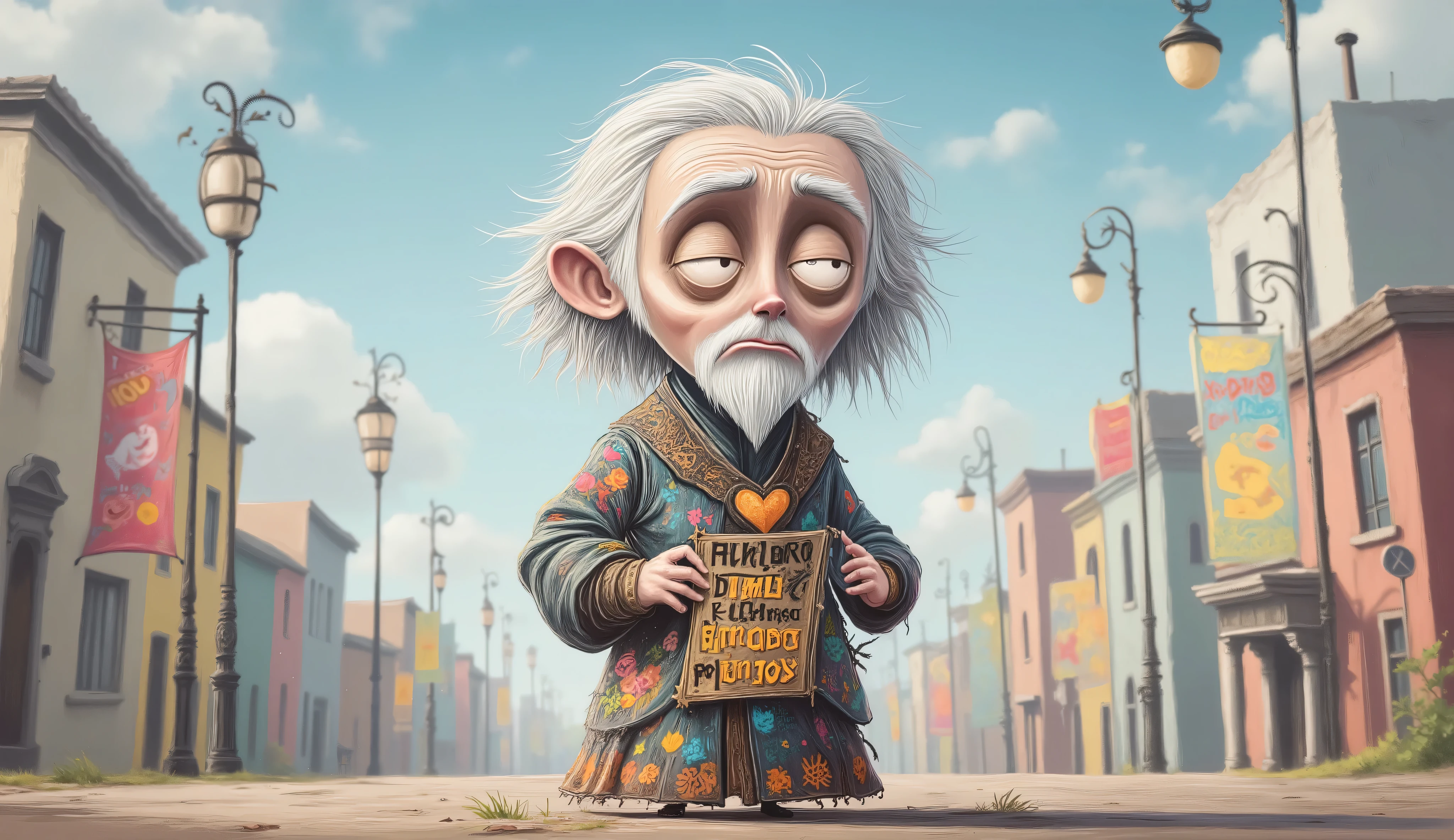 qualidade superior, obra-prima, detalhado, Prophet Kindness in a chibi cartoon version, super deformed proportions with a large head and small body, huge, shiny eyes, stylized white beard in the shape of a heart, shoulder-length white hair, rectangular banner in the hands with the inscriptions "Kindness generates kindness" , tunic with psychedelic patterns and famous phrases in colored graffiti style, In the background the city of Rio de Janeiros, adorable and serene expression, pastel colors with neon, kawaii manga style mixed with Brazilian urban art