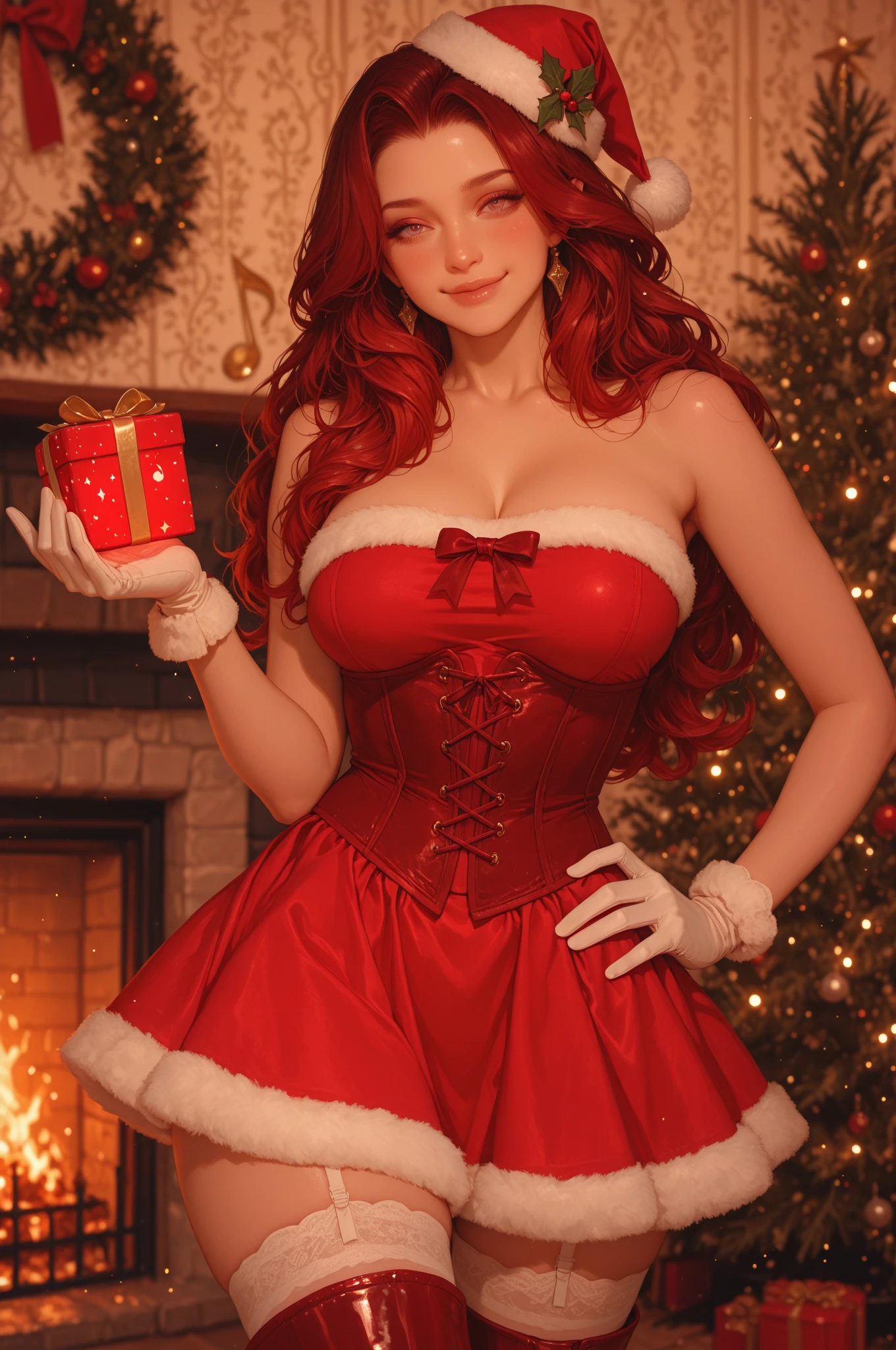 1girl, orange hair, aquamarine eyes, <lora:Santa Dress_v1:1> santa dress, christmas tree