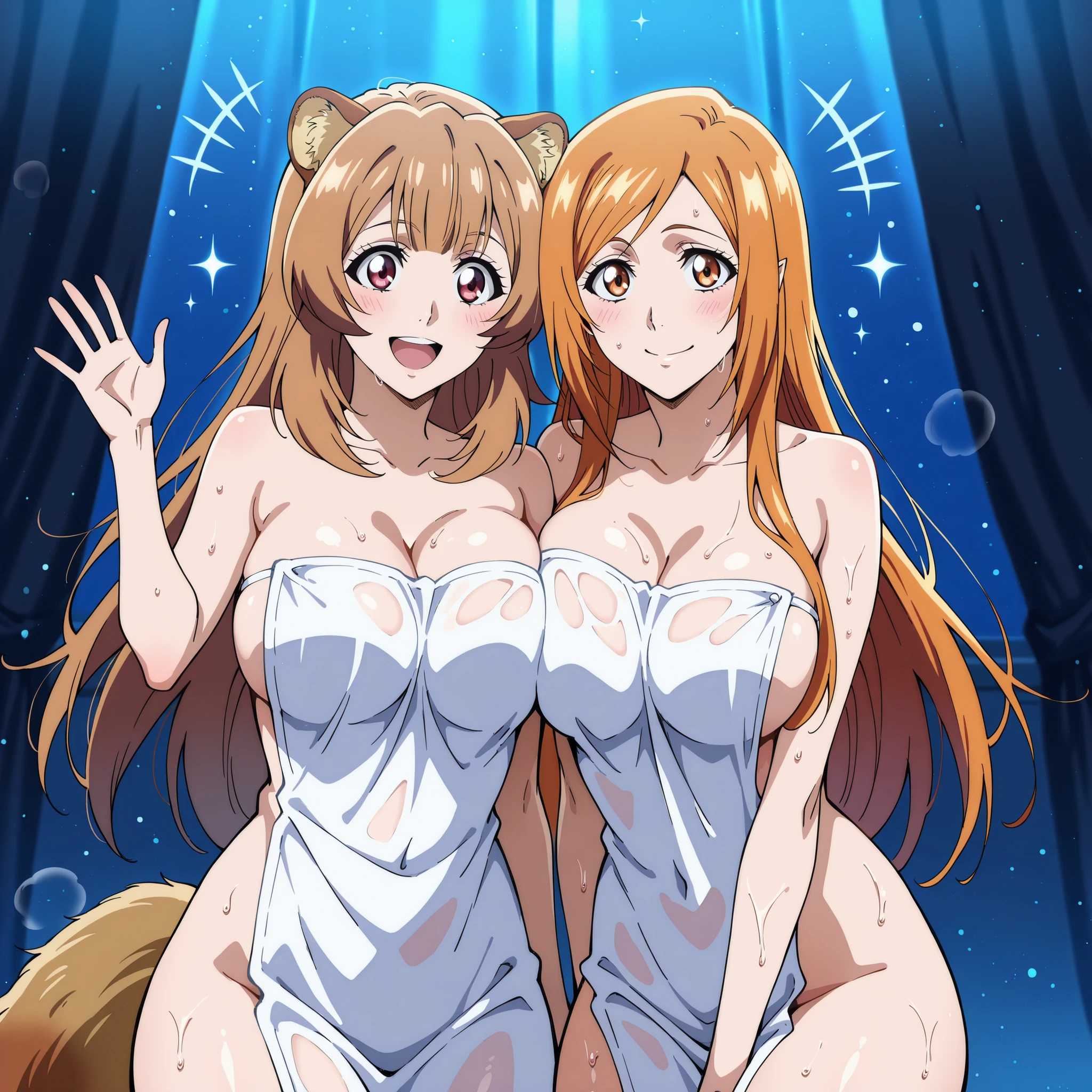 two women: orihime inoue, the BLEACH, with her long orange hair waving, bright orange eyes human ears,  slender and big breasts smiles joyfully and naively; y Raphtalia, of The Rising of the Shield Hero, with orange hair, red eyes and pointy ears and a slender fluffy tail and big breasts, slightly confused and embarrassed by her side. orihime inoue espalda contra espalda junto a un lago iluminado por la luna,  naked, with the breasts exposed. Their moist skin shines with blue reflections, while the humid air, a faint mist and particles of bright light surround them. The tension between them, a mischievous energy, mysterious smiles. anime style, dramatic lighting, ultra detail 4K, impeccable aesthetics, masterpiece quality. rivals. wet bodies. orihime inoue es ligeramente mas alta.
