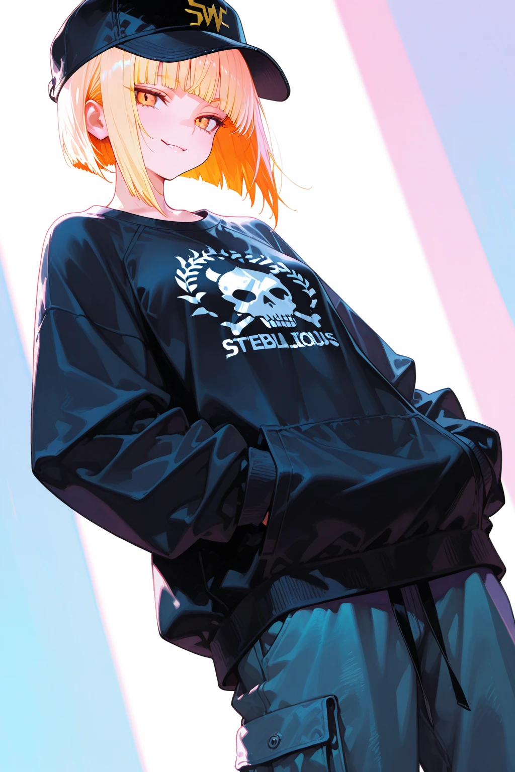 (((One girl))), blond hair, bob cut, (upper body), (looking at viewer), , teenager, head tilt:1.3, (((blue eye))), (from side), selfie, hand in pocket, ((happy smile)), black hoodie, black shorts:1.3, anime style, (best quality, 4k, 8k, highres, masterpiece:1.2, ultra-detailed, ultra-detailed eyes, HDR, UHD, studio lighting, ultra-fine painting, sharp focus, physically-based rendering, extreme detail description, professional, vivid colors, bokeh)