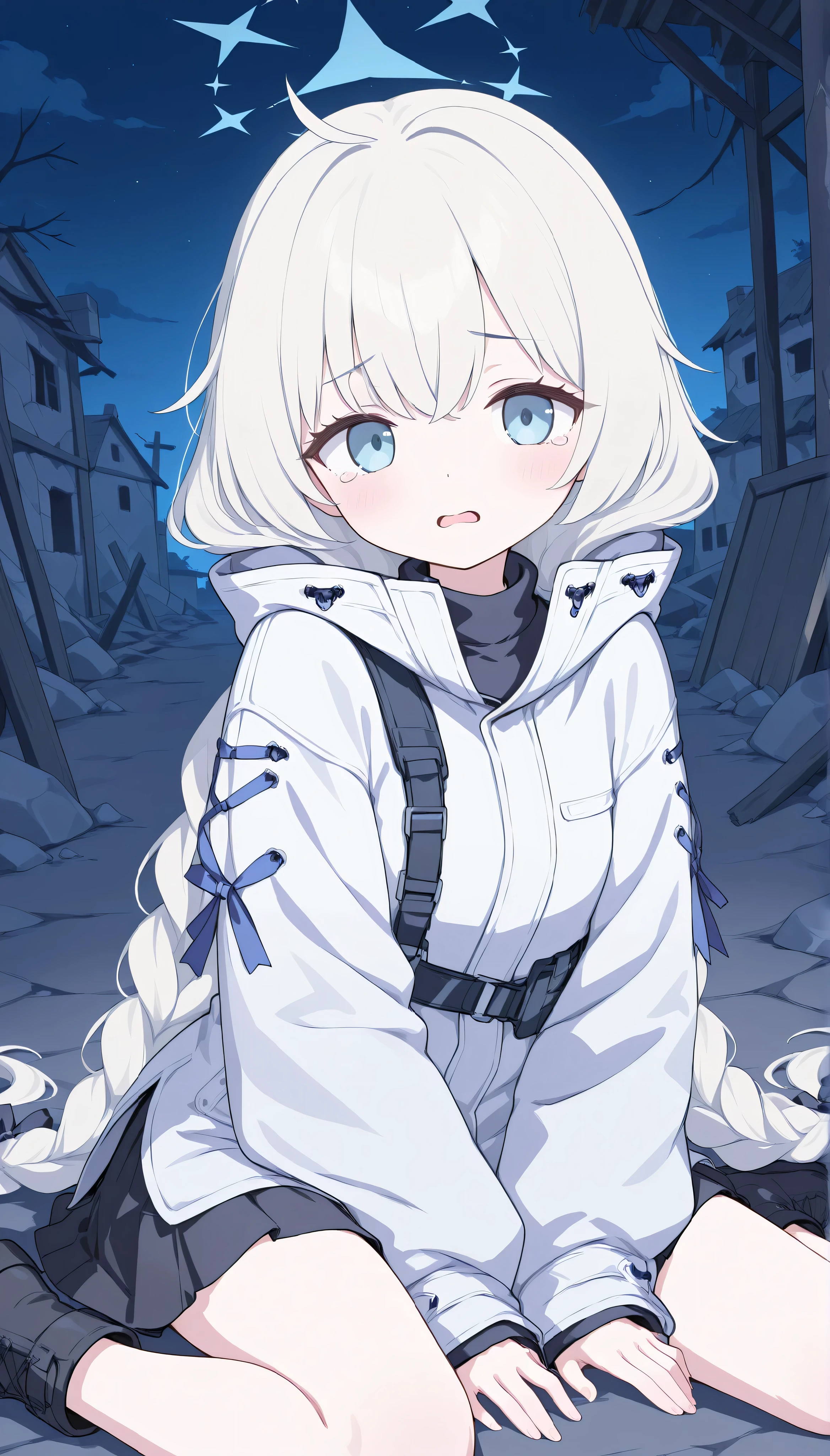 Tachiki Maia,white hair,blue eyes,very long hair,twin braids,halo,loli, white jacket, black skirt, solo, I can see my eyebrows from the inside of my hair, hair between eyes,　 is embarrassing, masterpiece, Best Quality, very aesthetic,　outdoor, town, in the night, ruins, hand between legs, wariza, looking at viewer, tears, open mouth,