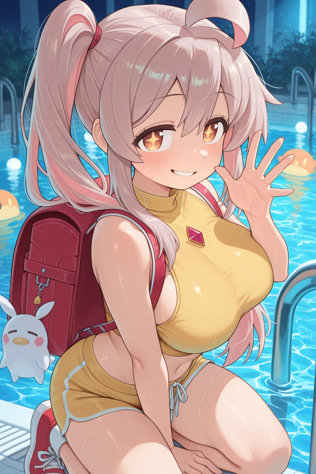 1girl, nsfw,okita, yellow eyes, blonde hair, short hair, ahoge, hair bow, black bow, large Breasts, nsfw, nipple, naked, empty eyes ,Abandoned amusement park, frozen, Wet, crying ,crying, Naked, , (1girl) solo, Peeing, lactation, projectile lactation、, RIVER, 