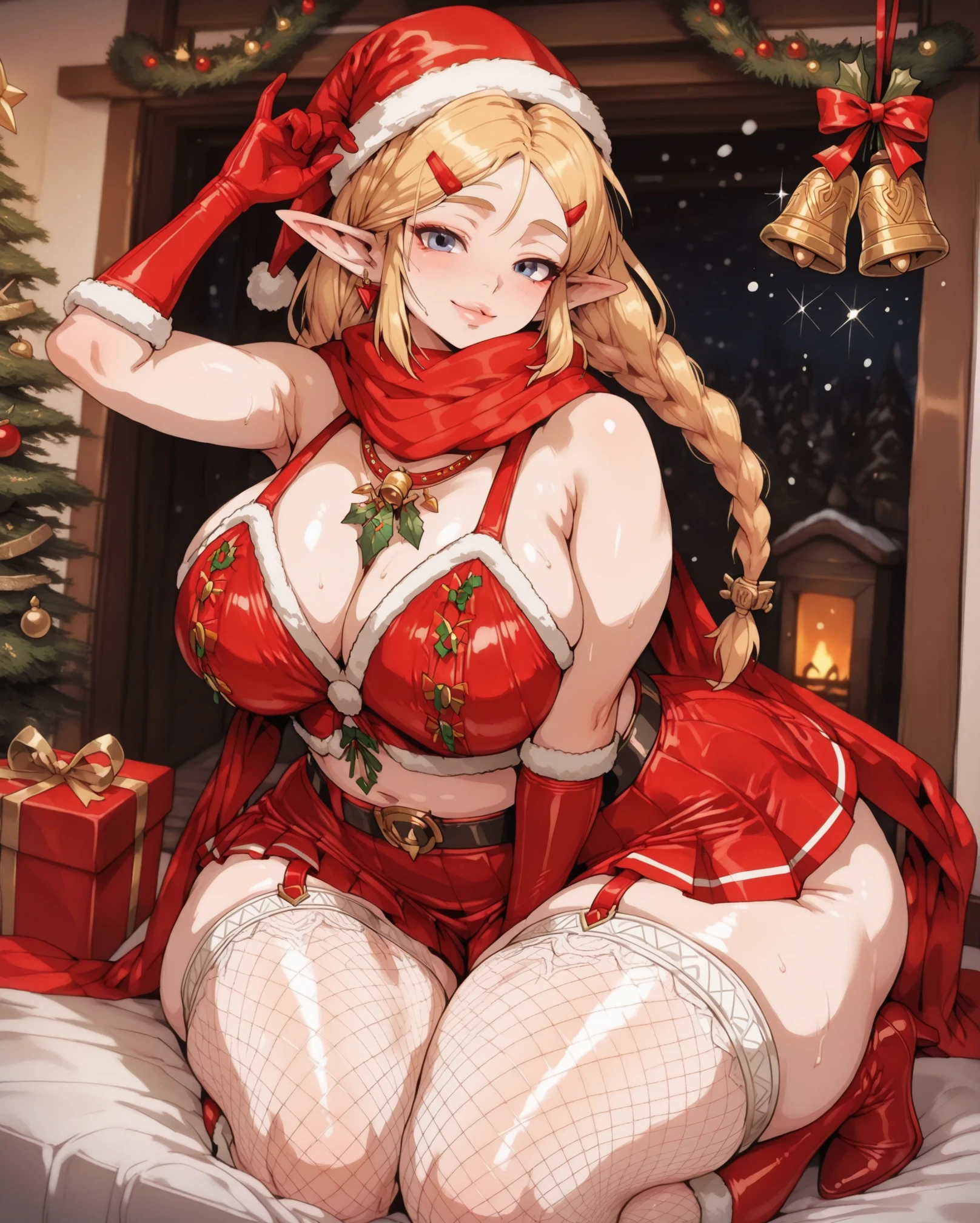 ???? santa, The blonde, with long coiled hair, The face and eyes are very detailed, wearing christmas ?????????、Christmas stockings and garters, Huge cleavage, Show cleavage, Thigh thick, big ????? and thin waist, vertical, sit on chair，legs crossed