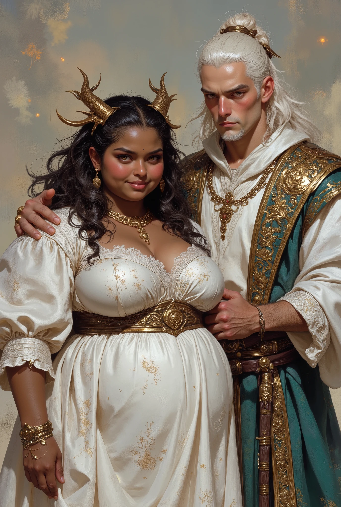 1 fat big large overweight heavy feminine beautiful young human woman with dark brown tan tanned skin color human ears without horns and 1 pretty and a lot taller adult young man hairless face with pale white skin long white hair and gold dragon horns on top of his head and gold eyes, (((woman has medium black curly hair))), (((black hair))), (((woman with brown skin))), (((brown-skinned woman))), (((woman with dark brown skin))), (((brown skin complexion))), (((dark brown complexion))), (((tan skin))), (((sunkissed skin))), (((dark skin))), (((dark skinned))), (((chubby face))), (((chubby cheeks))), (((fat face))), (((round face))), (((broad face))), (((wide face))), (((chubby body))), (((plus size body))), (((overweight body))) (((small , small ))), (((short neck))), (((woman wearing ornate white dress with detailed brown corset))), (((young pretty man with dragon horns and chubby fat woman with dark skin standing next to each other))), (((black eyes))), (((dark brown eyes))), (((dark eyes))), (((only man has dragon horns))), dynamic lighting, rosy lips, (((closed mouth))), (((closed lips))), full lips, (((big lips))), (((big round nose))), (((asian man with pale skin and slanted gold eyes and long white hair and clean shaven face has his hand on the back of the chubby fat woman with dark skin))), (((man wearing royal white and teal ornate fantasy robes))), woman smiling shyly while the man looks neutral, detailed clothes, ornate design, (((upper body portrait))), upper body picture, looking at viewer, facing viewer, (((realistic))), highly detailed, masterpiece, absurdres, hq, 4k, 1girl, solo, wide hips,Attractive, ultra realistic, thick outlines, drawn, bright colors, detailed eyes, detailed hands, digital art style, Detailed face, attractive, dynamic pose, HD, good quality