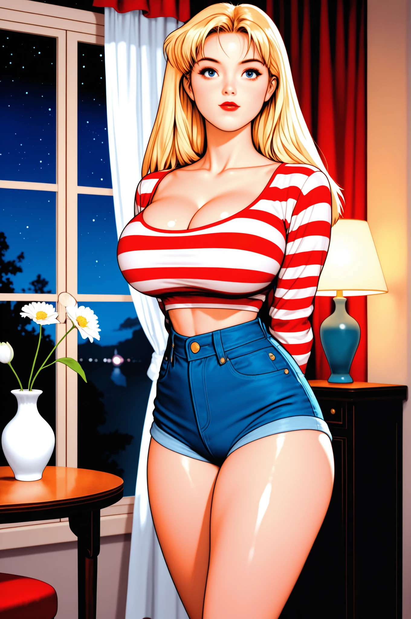 wall red, white curtains, window with night sky, elegant lamp, bud vase with table, livingroom, (perfect face, perfect body), blonde hair, space hair, blond thin eyebrows, blue eyes, red lips, perfect lips, collarbone, cleavage, (huge breasts), (round neck striped tee shirt), (small waist, normal midriff), arms behind back, standing, (thick thighs:1.3), (blue denim jeans short shorts), looking at viewer, pov, (shiny skin), (glossy skin)