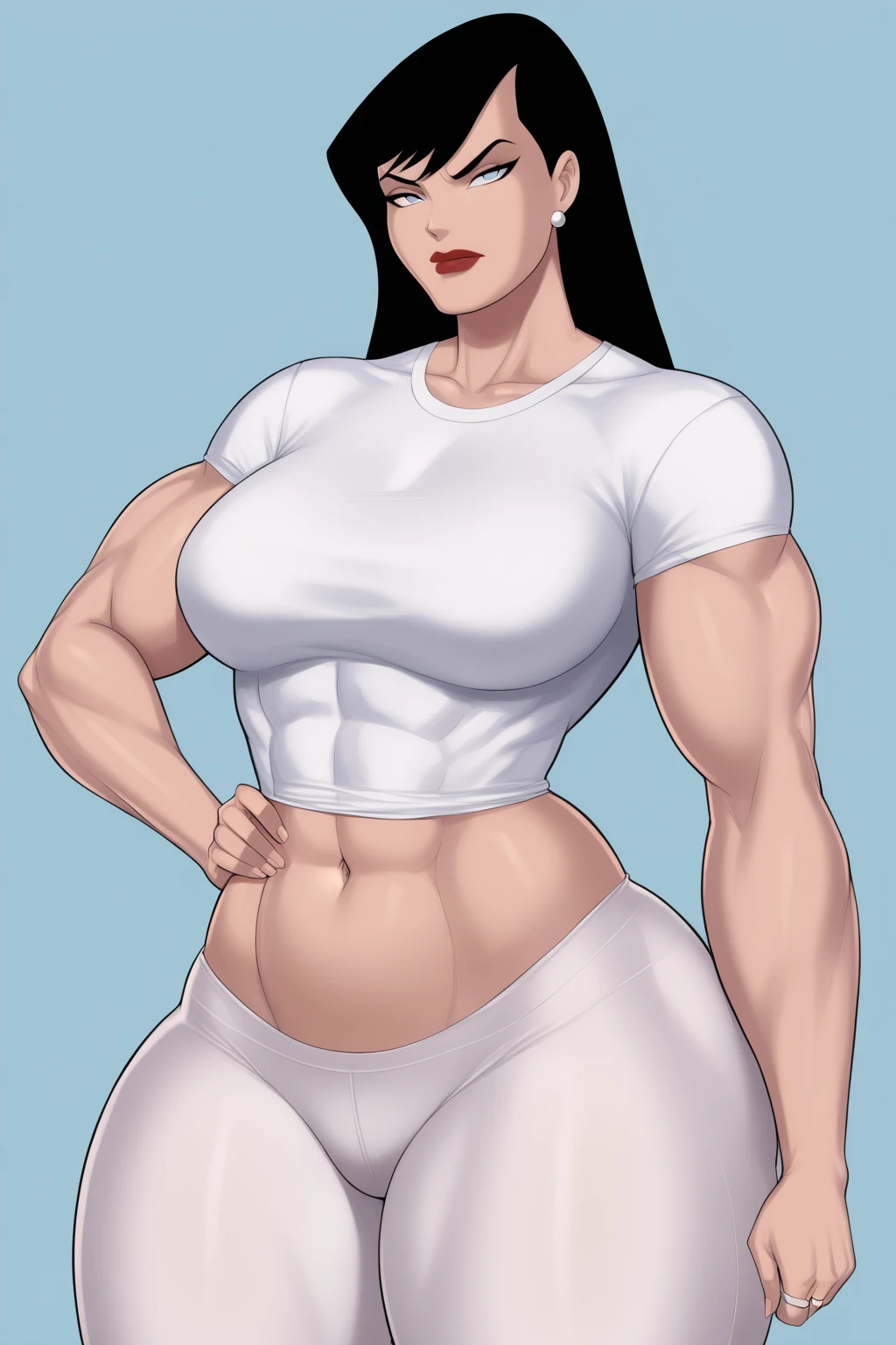 (((S0S4NSTR0NG, 1GIRL))) High resolution, 8K, (((state of perfection))), clear, good lighting, detailed, extremely detailed, sharp focus, intricate, beautiful, realistic+++, complementary colors, high quality, hyper detailed, masterpiece, best quality, artstation, stunning, EasyNegativeV2, photorealism, intricate details, masterpiece, highly detailed, sharp, high contrast, best quality detailed, 8k, focus,(detailed skin:0.90), (muscular:1.05, (large muscle arm:1.35), (forearm:1.25), (curvy thick thighs:0.90), violetparr, (Violet Parr) from (The Incredibles), Violet, with a perfect beautiful face, thick, long black hair, hairband, purple eyes, milf mature female voluptuous busty thick body builder curvaceous curvy plump amazonian thickstack figure, , big , lips, large muscles longest arms, thick lips, equal size portion to whole body structure and size as well to limbs, (((anatomically perfectly correct))), (((perfect composition))), (((perfect ))), wide , thick waist, heavy bottom, heavy top, solo, femdom, venus body, smug, looking at viewer, cowboy shot, side, completely  female, pubic hair,   and , indoors,