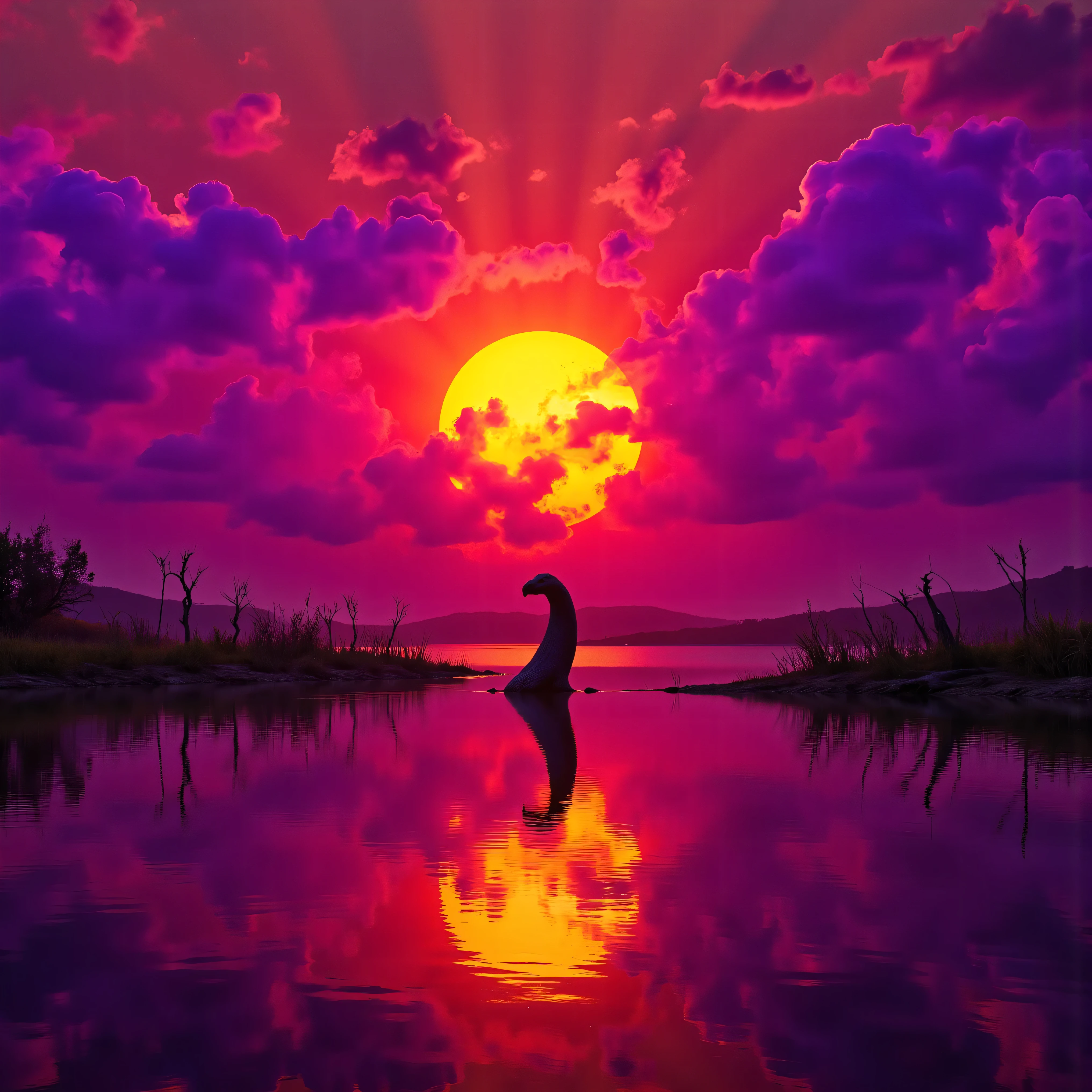 Ultra-realistic, photo-realistic, the most aesthetically incredible images of a sunset ever made. The fireball that is the sun appears overly large, orange, burnt orange, yellow, hanging low, and overly bright in the sky, partially obscured by many cumulus clouds that have turned purple, purple-red, red, and neon pink as billowing filters for the bright sunlight. There is a lake below the sunset that reflects it perfectly like a mirror. A strange creature with a prehistoric look, lifts its dark head and long neck out of the water. It has a striking and monstrous appearance. Documentary style photorealism, raw photo, 8k, High-resolution, best quality, vibrant, dramatic lighting and shading within the image are enhanced by high-contrast lighting and coloration. Ultra-realistic, Photorealistic, 3D rendered realism, UHDR, high-res, 8k Octane render, trending on artstation, stable diffusion, cinematic photography, icon style, cinematography. Visually striking composition and a stunning masterpiece, of out-of-this-world proportions. Experimental landscape art style in photorealism photography, a real-life creature photo. Optically stimulating and colorful clouds and sunset. Vibrant, dramatic lighting and shading within the image are enhanced by high-contrast lighting and coloration. Physically-based rendering, otherworldly, surreal, whimsical, avant-garde, strange, and beautiful images.