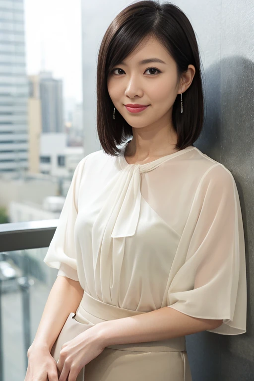 Masseter muscle part, highest quality, masterpiece, High resolution, Photoreal, RAW photo, 8k wallpaper, perfection, professional lighting, very detailed, written boundary depth,pale plain background, ((Japanese mature woman in her 40s)), Chubby body type, women sexy, detailed face, beautiful eyes, bangs, big and full breasts, Straight light brown hair that reaches to the shoulders, faint lips, ((Stand facing forward in the center of the screen.、look at the viewer'serious face eyes.)),business wear, legs pop out of frame, looking at the viewer,