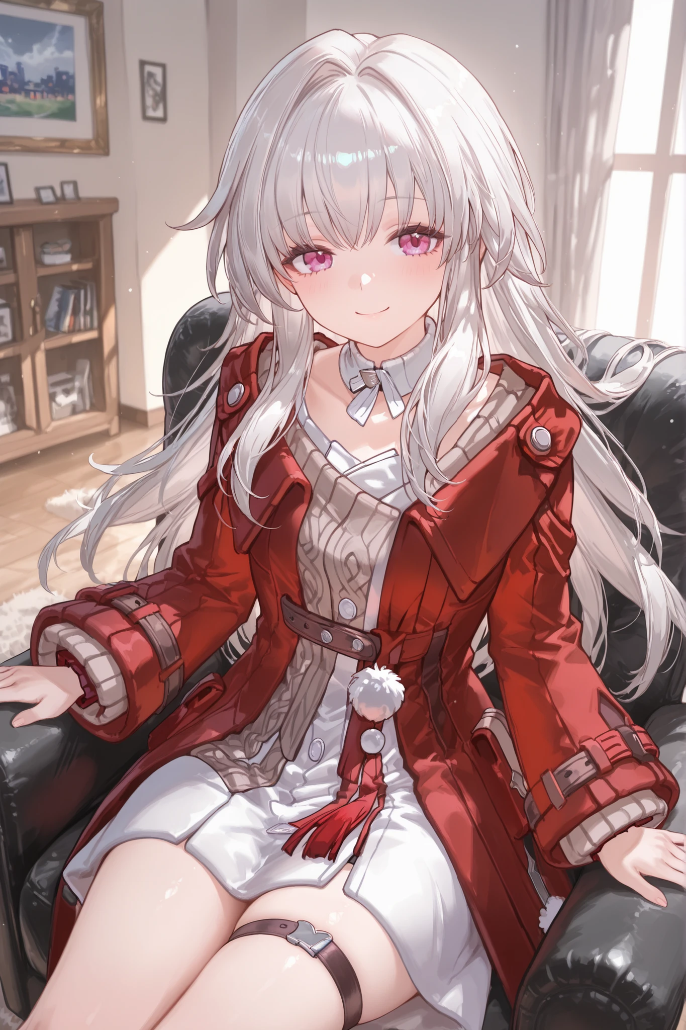 clara \( honkai: star rail\),red coat, white dress, detachable collar, Jersey, thigh strap, flowing white hair,smiling, living room, sitting on an armchair