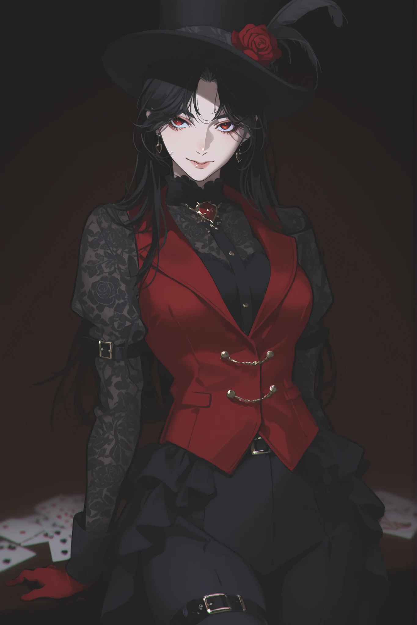 best quality, masterpiece, 1girl, black_hair, long_hair, red roses, tophat, hat, magician, red pattern, hearts, flowers, feathers, playing cards, cards, straight_hair, neutral expression, mature face, dark fantasy, belts, leg belt, arm belt, pattern undershirt, roses, black undershirt, black_skirt, cassino, lingerie pattern), 1girl, cowboy_shot, blurry, vest, red vest, smile, eyeliner, anime_style, gothic, goth, dark background, one-piece black bodysuit, black bodysuit, white pattern_leggings, blurry_background, 1girl, yoneyama mai, pale, red gloves, parted_bangs, cut_bangs, red eyes, edgy fashion, victorian style, bold look, fashionable, solo, blurry, chromatic aberration, portrait, rich color, beautiful light, perfect contrast, realistic facial features, detailed features, defined features, detailed hair, semi-realistic style, attractive features, dark colors, dark lighting, painted style, detailed style, black outline, perfect detail, pale skin, dull colors, anime style, semi-realistic, cute, boy, clear background, lifeless colors, dirty filter, dark, rough sketch lineart, loose lineart, watercolor coloring, masterpiece, ultra detailed, 4k, 8k, ultra hd, bestf