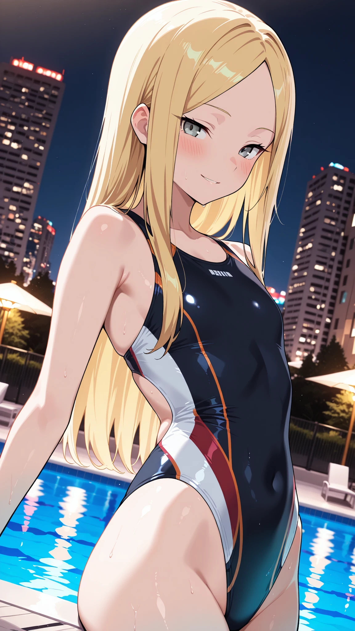 1girll,Masterpiece,illustration,(Best quality:1.4),Beautiful detailed eyes ,Very long hair,crossed bangs,Blonde hair,Shiny hair ,aquamarine Eyes ,Smile ,(:0.7) ,high-leg swimsuit,compete swimsuit,Moist,Sweat ,Swimming ,From the front side ,In the pool,Night,Starry sky,Neon light