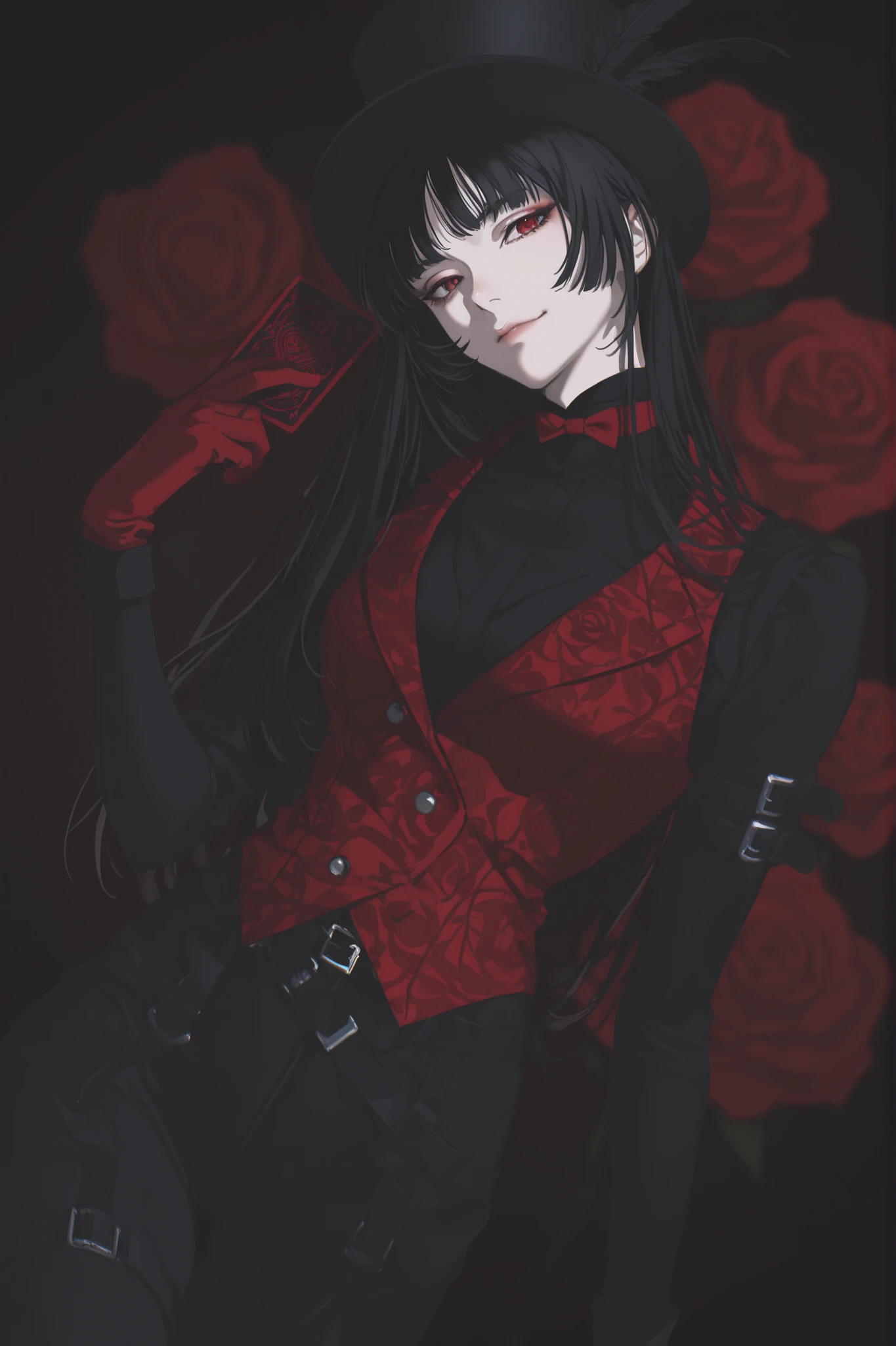  best quality, masterpiece, 1girl, black_hair, long_hair, red roses, tophat, hat, magician, red pattern, hearts, flowers, feathers, dynamic angle, playing cards, cards, straight_hair, neutral expression, mature face, dark fantasy, belts, leg belt, arm belt, red pattern black undershirt, roses, black undershirt, black_skirt, red dress, cassino, lingerie pattern), red skirt, 1girl, cowboy_shot, blurry, vest, red vest, smile, eyeliner, anime_style, gothic, goth, dark background, one-piece black bodysuit, black bodysuit, red pattern_leggings, blurry_background, 1girl, yoneyama mai, pale, red gloves, parted_bangs, cut_bangs, red eyes, edgy fashion, victorian style, bold look, fashionable, solo, blurry, chromatic aberration, portrait, rich color, beautiful light, perfect contrast, realistic facial features, detailed features, defined features, detailed hair, semi-realistic style, attractive features, dark colors, dark lighting, painted style, detailed style, black outline, perfect detail, pale skin, dull colors, anime style, semi-realistic, cute, boy, clear background, lifeless colors, dirty filter, dark, rough sketch lineart, loose lineart, watercolor coloring, masterpiece, ultra detailed, 4k, 8k, ultra hd, bestf