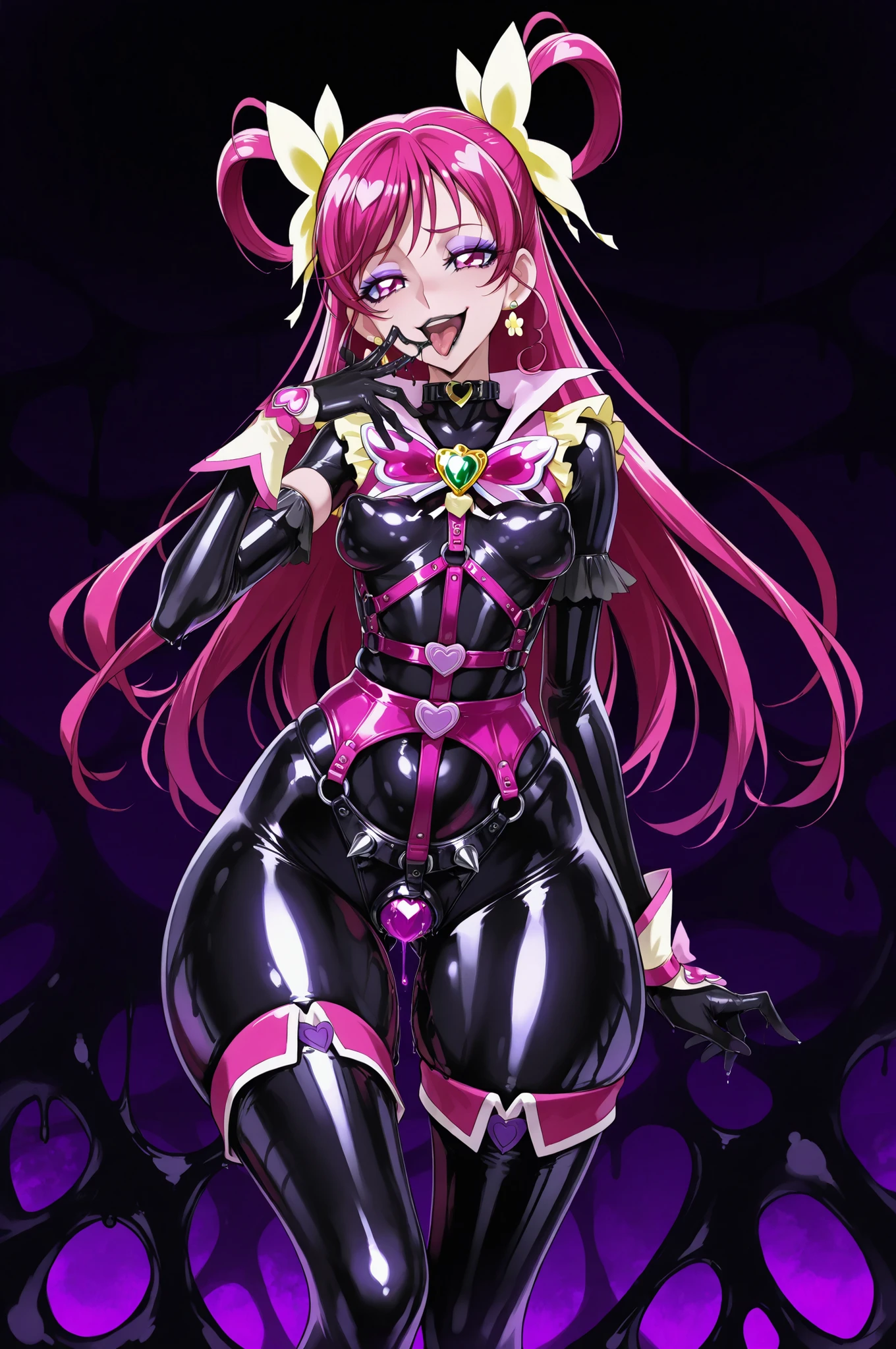 Cure Dream. Pink hair. Villain eyeshadow. Purple eyeshadow. Sarcastic smile. Open mouth. Out tongue. Black lips. Glossy. Black latex costume. Latex bodysuit. Pink leather harness. Collar with heart crystal. Spike accessories. Dripping chastity belt. Metal panties. Perky breasts. Slender body. Large waist. Thick thighs. Detailed thighs. Asymmetrical posing legs. Licking fingers. Black slime background. Dripping slime.