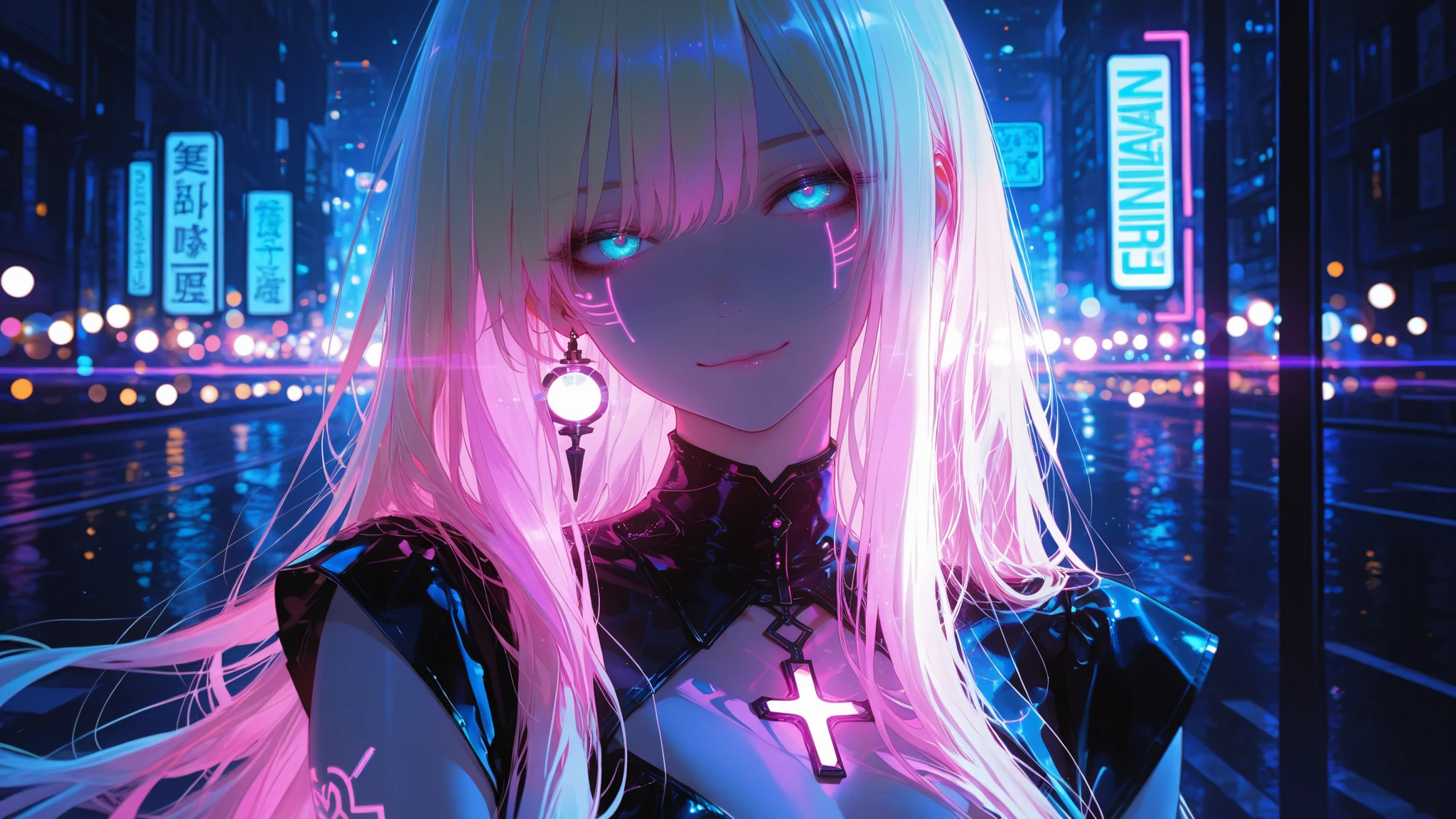 a stunning futuristic woman, upper body portrait, standing in a neon city at night, surrounded by glowing pink and cyan lights, reflections of neon signs on her skin, long flowing hair with luminous highlights, wearing a sleek futuristic outfit with glowing pulse lines, vibrant bokeh background, cinematic lighting, ultra-detailed 8k anime style, stylish and confident expression, rhythm and energy atmosphere