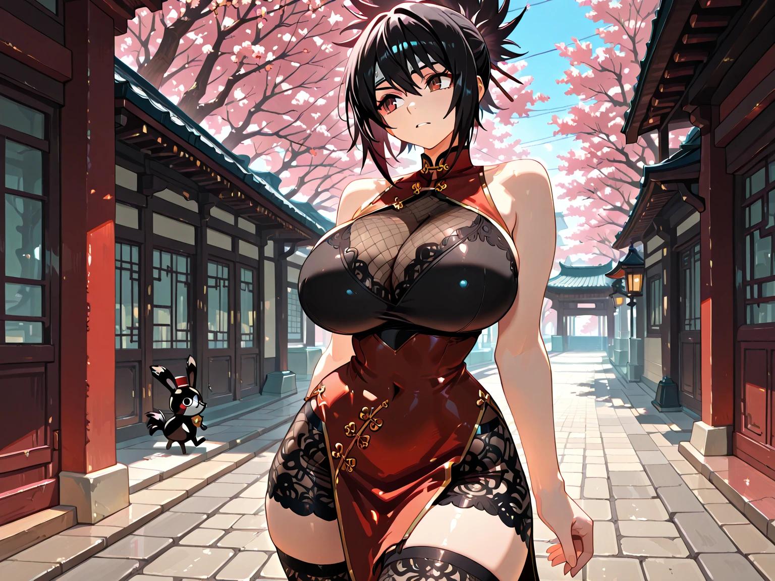 Anime Kawaii  Perfect Slim sensual body large  and huge thighs, An intricate and highly detailed illustration of anime (Young girl)  samurai girl, short black hair tied back, wearing a red Japanese kimono and black hakama, two Japanese swords crossed at the waist, ((work of art, highest quallity, A highest quallity de imagem, high resolution, anime sensual, CRU photo, 8k)), ((Extremely detailed 8k unified CG wallpaper)), (huge stunning photo of goddess, Very hot and , jaw dropping beauty, perfect proportions, Body cute, Slim Body Beauty:1.4),