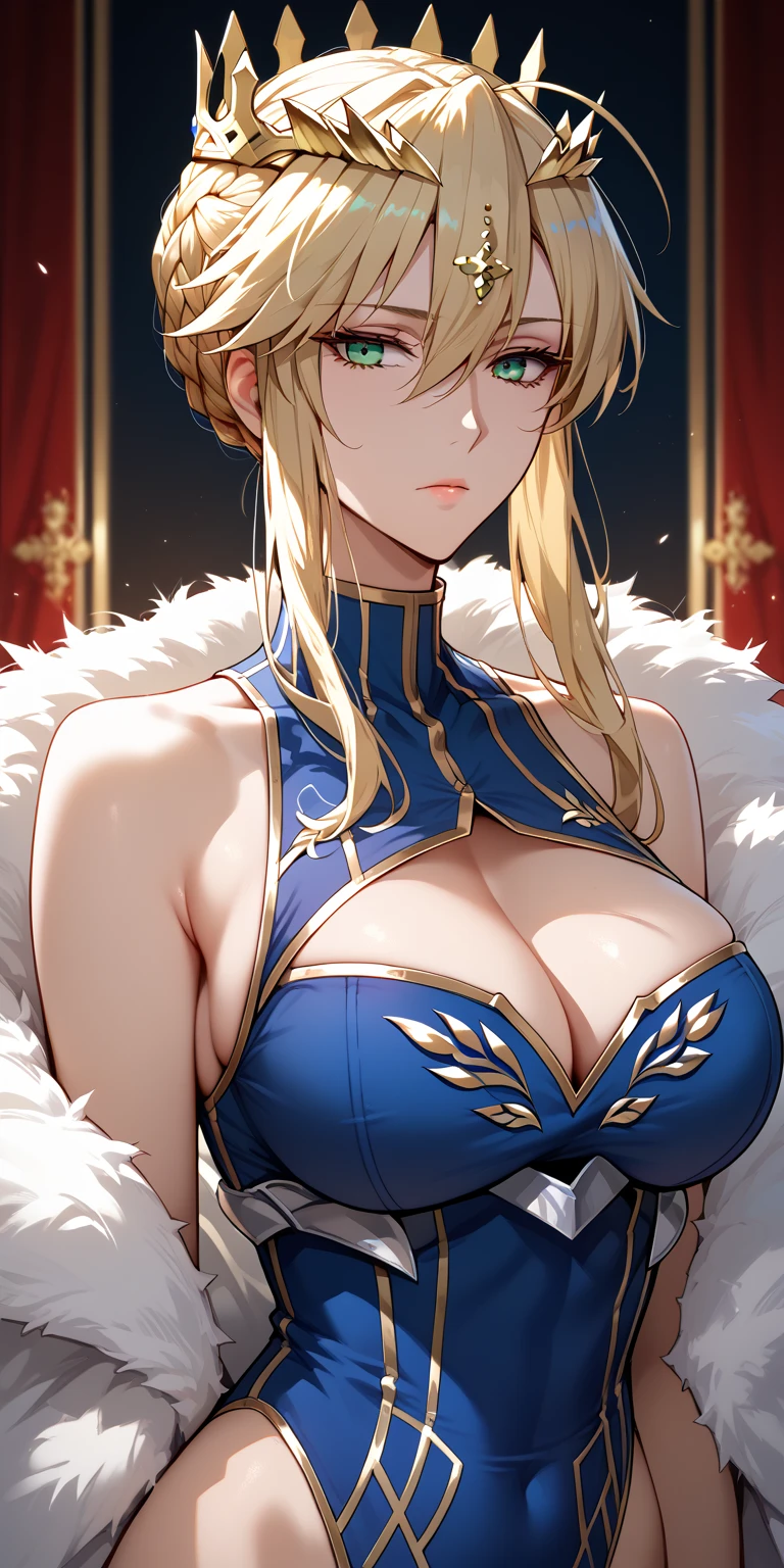 Artoria Lancer, mature woman, elegant, blonde hair, green eyes, casual clothes, crown, white cape, fur trim, portrait, head to bust, curvaceous, 4k resolution, high quality, castle interior, bokeh, face focus