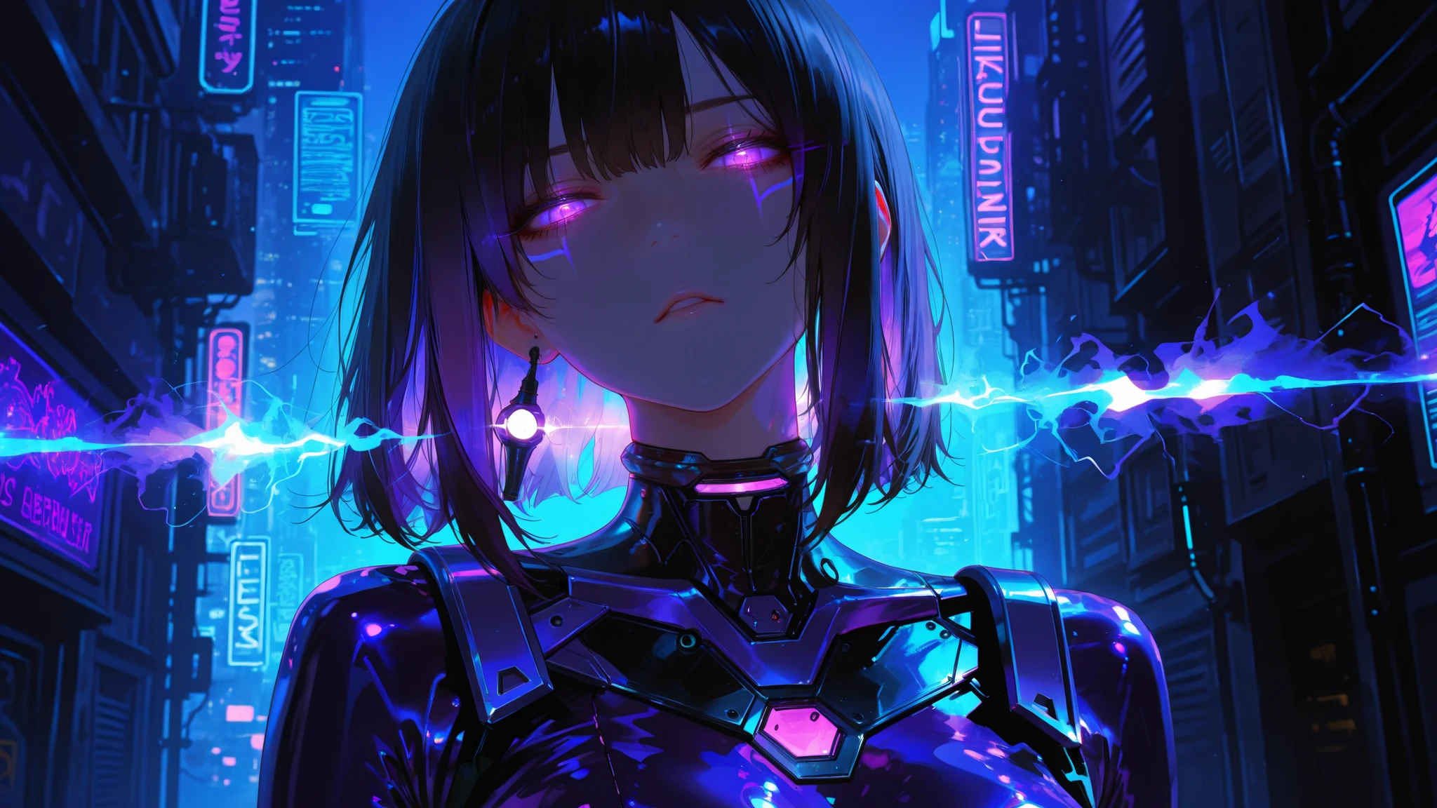 a powerful cyberpunk woman, upper body portrait, standing in a neon-lit futuristic city at midnight, surrounded by glowing blue and purple energy streams, electric arcs and reactor cores in the background, long dark hair with luminous streaks, reflective eyes, wearing a sleek futuristic armor bodysuit with glowing lines, cinematic lighting, mist and particle effects, ultra-detailed 8k anime style, intense and determined expression