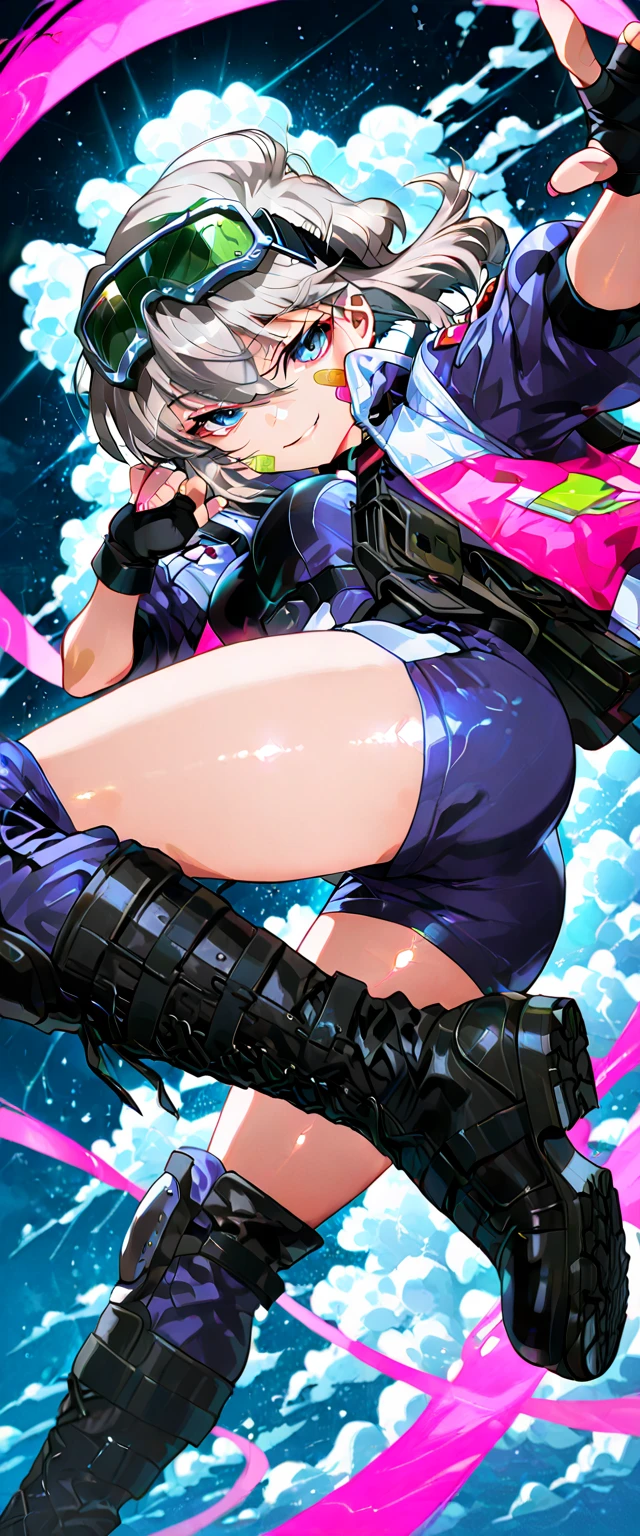 cinematic, (masterpiece), (best quality), (ultra-detailed), very aesthetic, illustration, realistic illustration, perfect composition, intricate details, absurdres,  (anime, masterpiece, intricate:1.3), (best quality, hires textures, high detail:1.2), (4k),(incredibly detailed:1.4),realistic shadow, mash,masterpiece,1girl,solo,hair over one eye,black armor,black leotard,bare shoulders,elbow gloves,purple gloves,thigh strap,thighhighs,armored boots, (flat soled boots:1.2),holding shield,standing,look away,from behind ,above,she is shielding for me, squatting and One knee down,cowboy shot, deflected by the shield.1980’s anime style,in a dynamic motion , Glowing Contours