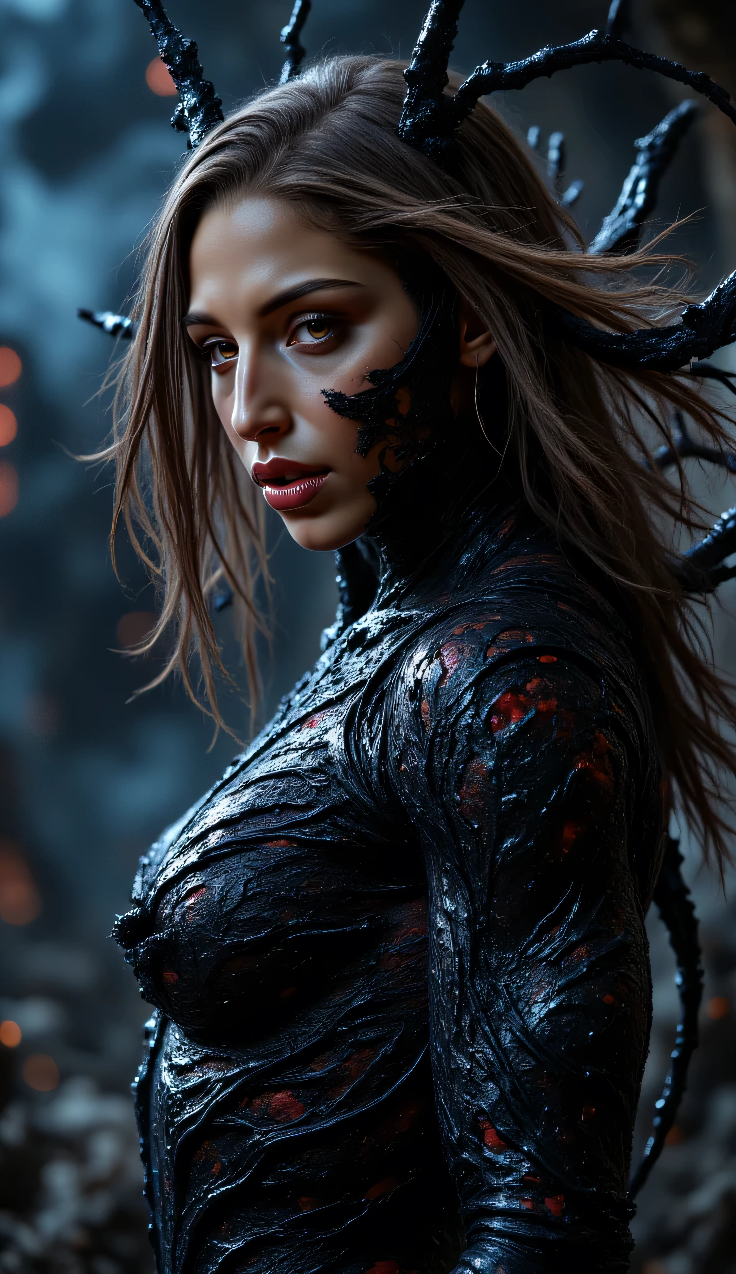 Abella Danger, strong and confident, merging with a black alien symbiote, symbiote tendrils crawl across her body and face, dramatic transformation effect, eyes glow with power, part of her face is covered by the symbiote’s sleek organic armor, subtle glossy texture, dark and smoky background, hints of blue and red lighting, power and mystery, cinematic lighting, ultra-detailed, dynamic composition, superhero concept art style