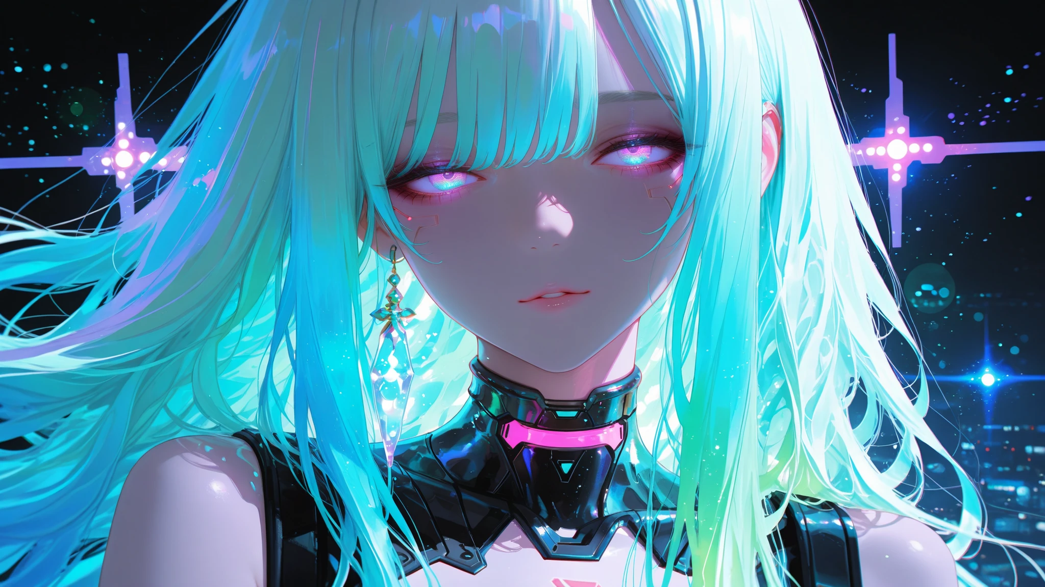 a beautiful cyberpunk woman, upper body portrait, surrounded by glowing ultraviolet and neon lights, ethereal digital waves and holographic particles floating around, long flowing hair with violet highlights, reflective eyes like glowing crystals, wearing a futuristic sleek bodysuit with luminous circuit patterns, dreamy and surreal atmosphere, cinematic lighting, ultra-detailed 8k anime style, mysterious and elegant expression, futuristic and magical vibe