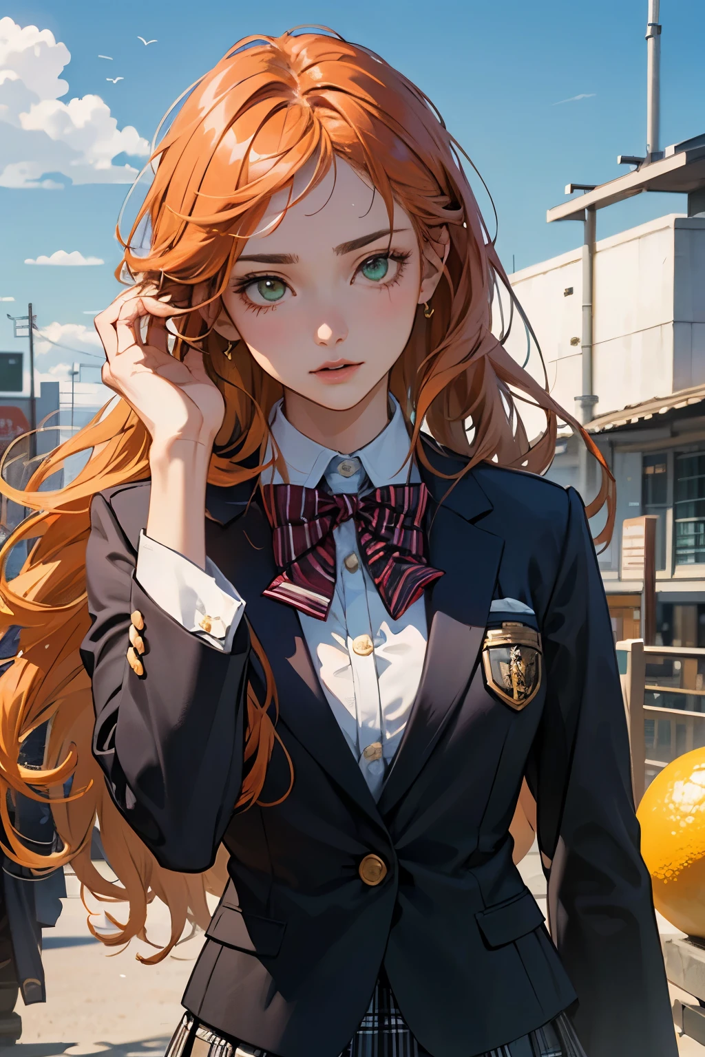 High resolution masterpiece, excellent quality, 8K, extremely detailed, ultra realistic, ultra photographic, chica, orange hair, ash brown, lemon green eyes, beautiful face, beautiful eyes, very detailed face, black school uniform winter blazer , blue plaid skirt , alone, falling into the sky in a highly detailed parachute , , statue, long hair, pecho plano cintura statue, long wavy hair moved by the wind, very detailed face, very detailed sky