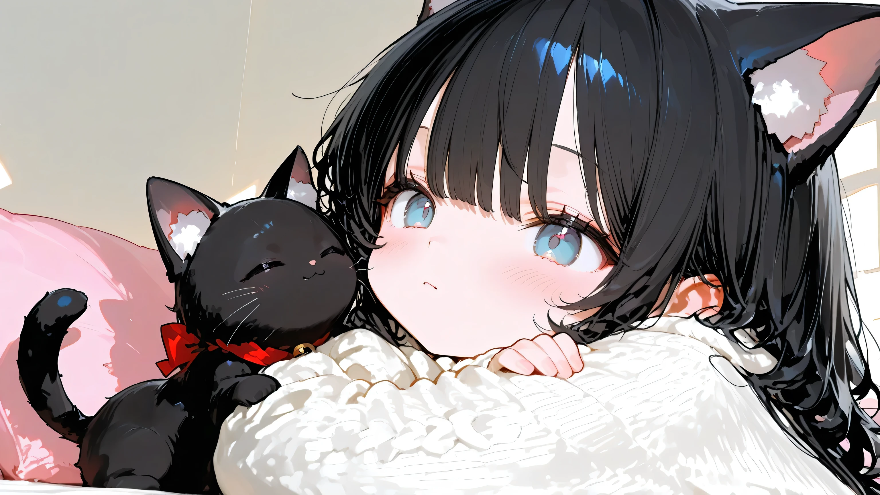 1 girl, cute black cat ears, black hair, long sleeve, white knit