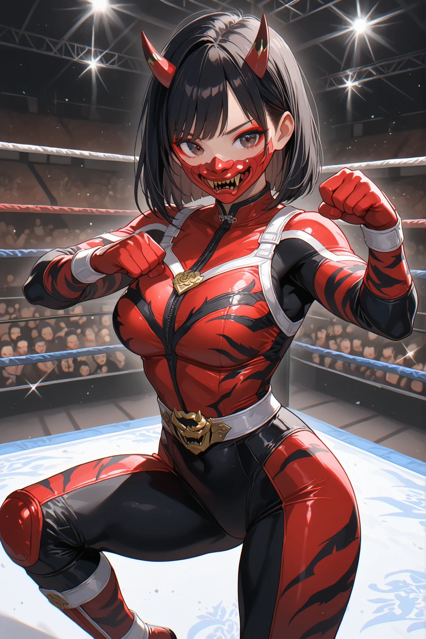 Beautiful Asian Woman, athletic body, medium black hair, makeup and, light tan skin, red and white super sentai suit, black tiger_stripes , oni mask over her lower face , wrestling ring, arena, ninja pose,