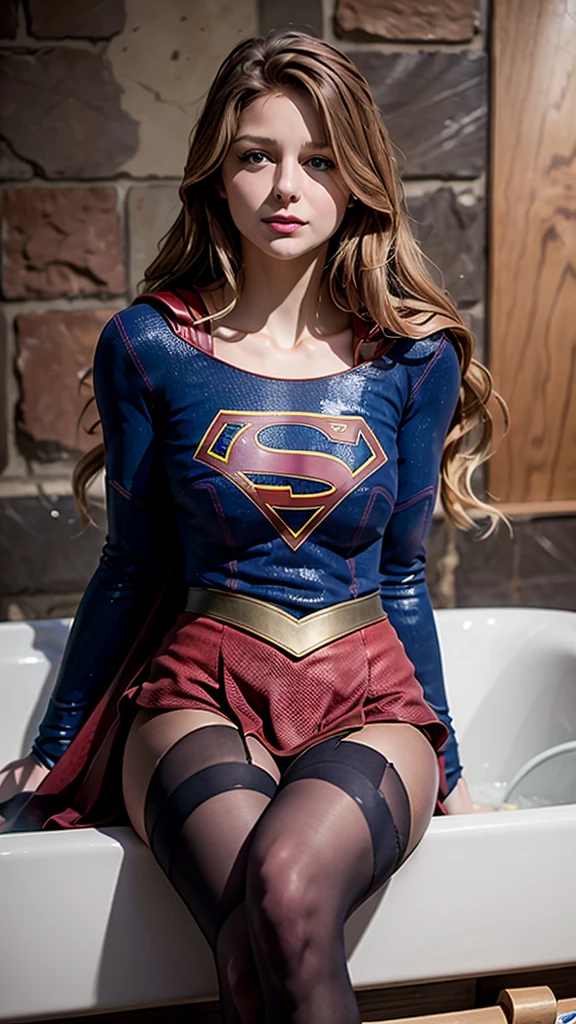RAW, Best quality, high resolution, realistic, masterpiece: 1.3), emma watson as supergirl, black hair, perfect nose,perfect lips, perfect eyes, smiling, detail :1.2),1 supergirl in short red skirt, blue suit, full body image detail, watery eyes, RAW, Best quality, high resolution, masterpiece, soft smile, sitting on chair,  wide open showing white lace , show , medium thick thigh, outdoor setting, full body picture.