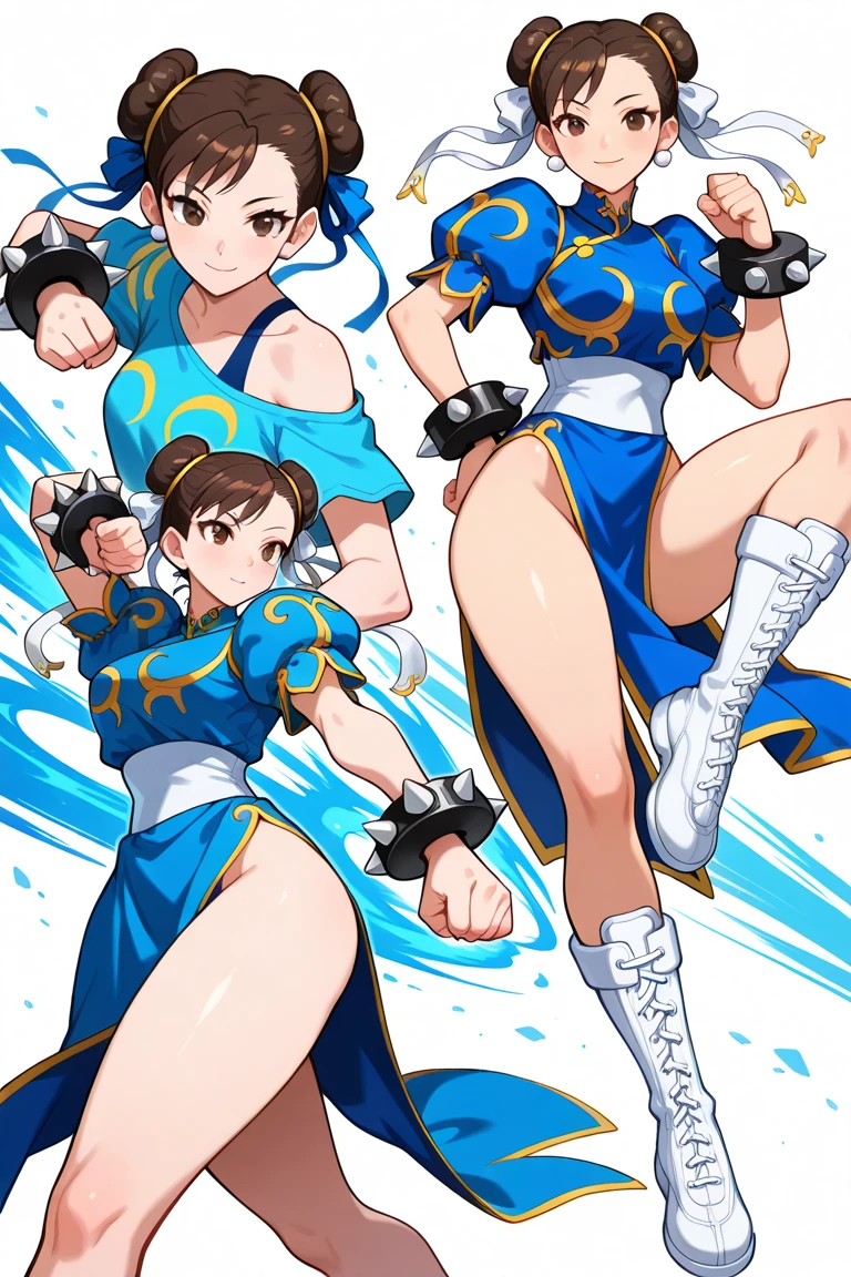 high quality,((megami magazine,anime style)),high resolution,blue hair,arms up,hand on own ass,tanlines,full body,china dress, high kick,Kung Fu Style,While drinking gourd liquor,