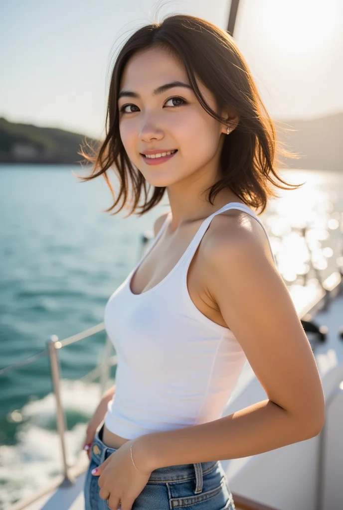 ((best quality)), ((masterpiece)), (detailed), 1girl, beautiful straight black long hair , beautiful smile , pose ,standing position , sailor outfit , top crop ,short pants , on the yacht , sea background 