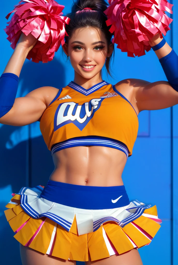 (Masterpiece, Professional lighting, 16k, 8k wallpaper, raw photo, photorealistic:1.8, ultra detailed, , 16 mm lens, (Masterpiece, Professional lighting, 16k, 8k wallpaper, raw photo, photorealistic:1.8, ultra detailed, slightly wide angle lens, natural lighting, detailed skin, detailed joyous face, detailed eyes, 1 beautiful happy female cheerleader, cheerleader outfit, cheer squad leader during a game, full body image , long curly blond hair with bangs, hazel eyes, cheering:1.3, sexy cheer skirt, sexy top, team colors are orange and light blue