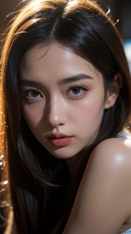 Best quality, masterpiece, ultra high res, (photorealistic:1.4), raw photo,1girl, solo, realistic, lips, black hair, looking at viewer, black eyes, teeth, long hair, hair over one eye, parted lips, nose, close-up, brown hair,  background, brown eyes, black  shoulder