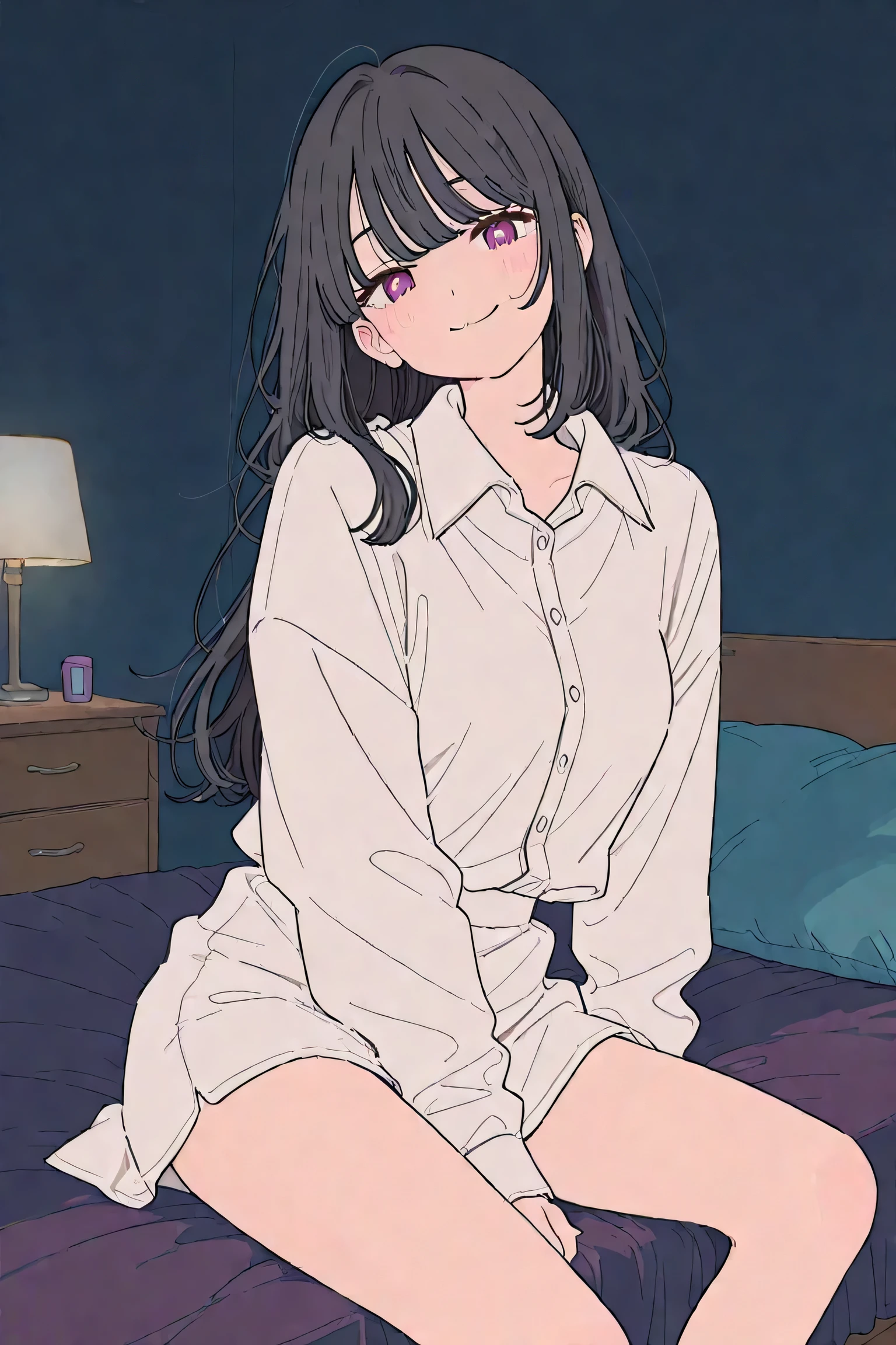 A girl wearing only a collared shirt、long black hair、is sitting on the bed in the room、with a glossy expression、looks here、dark room、 makes you smile