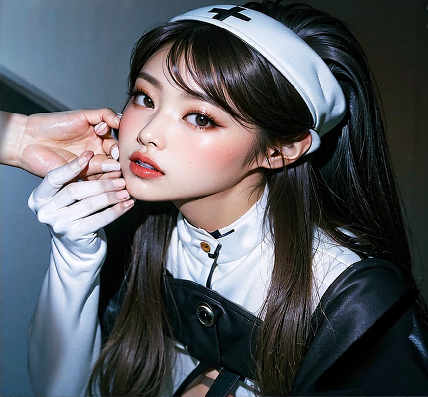 (（（Perfect body,White and tender skin,（（（Black strap dress, black long bow tie, white lining, black hat）））,（（（Kobeni Higashiyama, black hair, hair ornament, hairclip, ponytail, short hair, (brown eyes:1.5),）））,((masterpiece)),highres,((Best quality at best)),masterpiece,quality,Best quality,(（（ Exquisite  features,Looking at the audience,There is light in the eyes,(（（frown，Wronged））），Scissorhands）））,（（（Light and shadow,Huge breasts,）））,（（（Looking at the camera,White background)））)