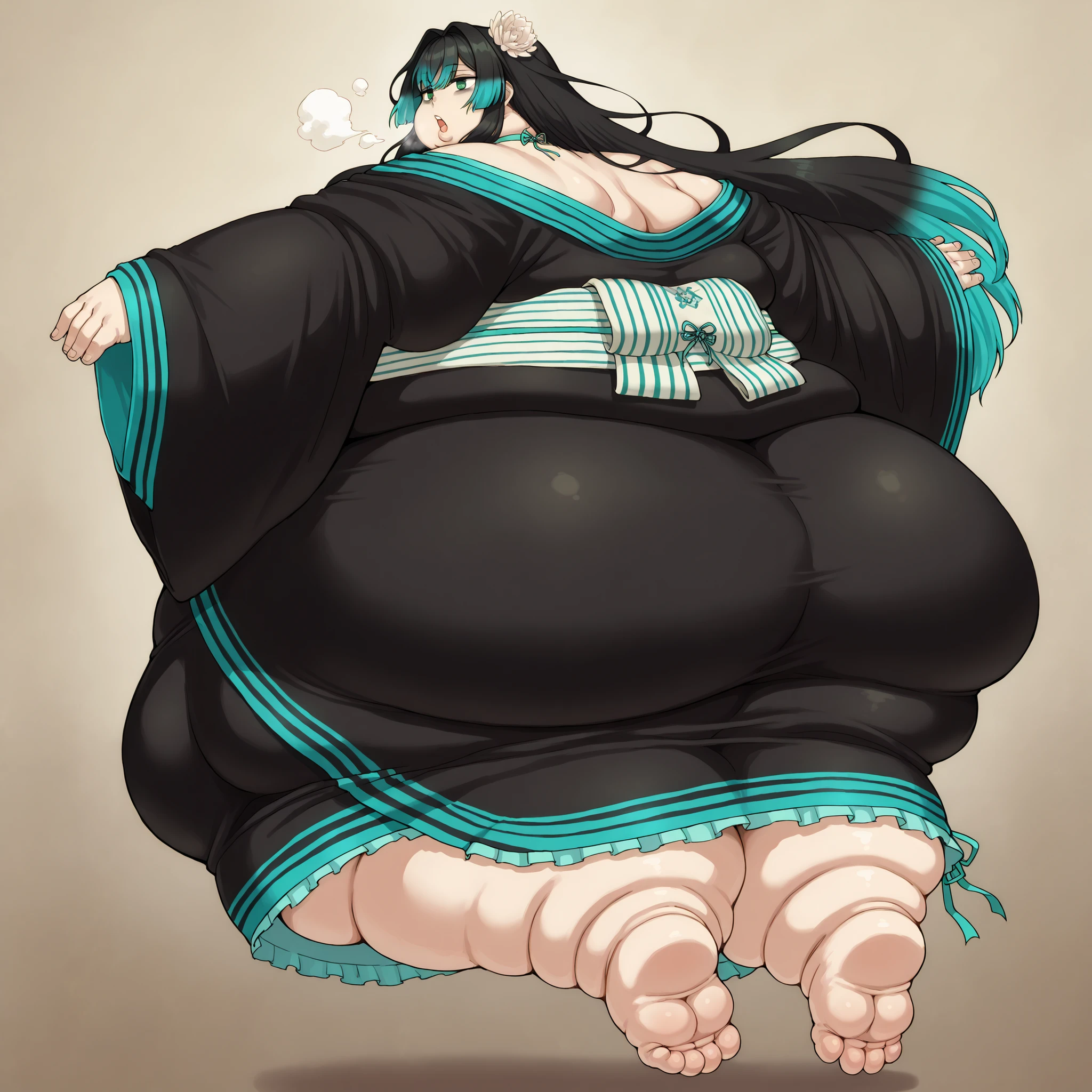long hair, hair intakes, multicolored hair, black hair, aqua hair, green eyes, hair flower, bags under eyes, off shoulder, black kimono, aqua trim, ribbon choker, aqua choker, sash, sleeves past wrists, fat, chubby, obese, fat neck, multiple chins, big breasts open mouth, out of breath, Larger female, full body shot, only head, large head, oversized limbs, large hands, large feet, oversized feet, oversized fingers, big lips, plump lips, fat face, fupa, big fupa, fat fupa, hunchback, floating, back view