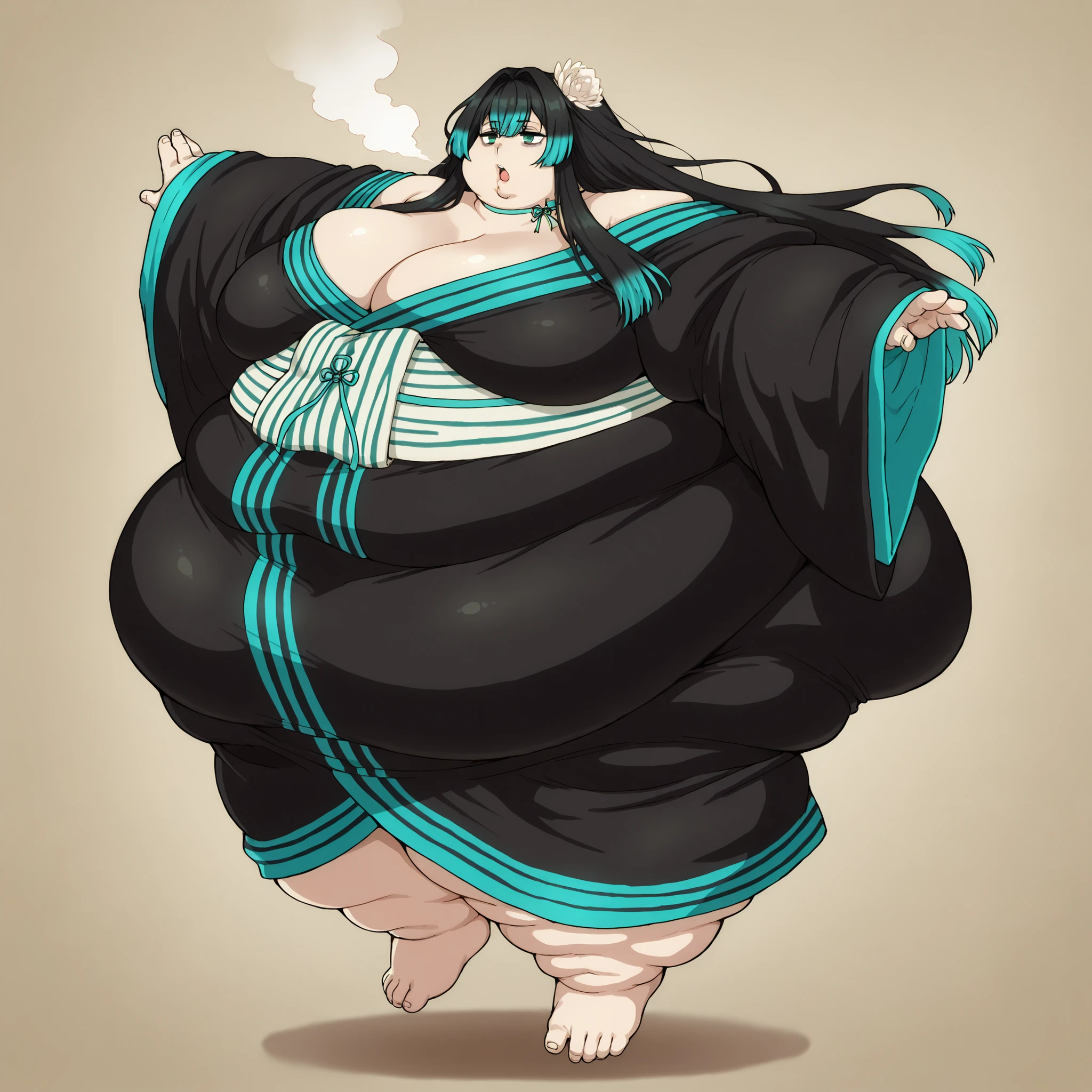 long hair, hair intakes, multicolored hair, black hair, aqua hair, green eyes, hair flower, bags under eyes, off shoulder, black kimono, aqua trim, ribbon choker, aqua choker, sash, sleeves past wrists, fat, chubby, obese, fat neck, multiple chins, big breasts open mouth, out of breath, Larger female, full body shot, only head, large head, oversized limbs, large hands, large feet, oversized feet, oversized fingers, big lips, plump lips, fat face, fupa, big fupa, fat fupa, hunchback, floating, back view
