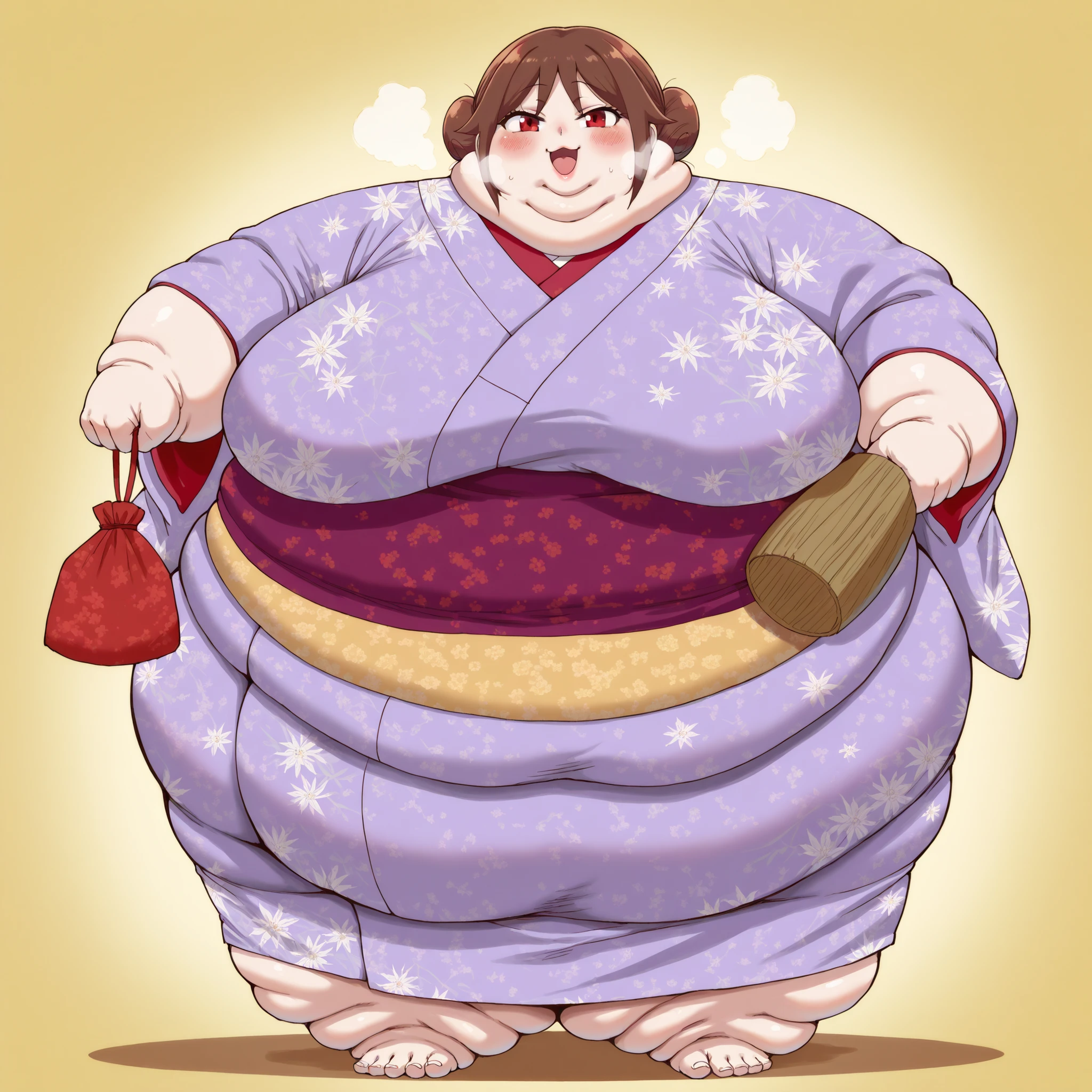 yuzuki tachibana, 1girl, solo, looking at viewer, blush, smile, brown hair, red eyes, holding, upper body, japanese clothes, kimono, hair bun, floral print, single hair bun, print kimono, purple kimono, fat, chubby, obese, fat neck, multiple chins, big breasts open mouth, out of breath, Larger female, full body shot, only head, large head, oversized limbs, large hands, large feet, oversized feet, oversized fingers, big lips, plump lips, fat face, fupa, big fupa, fat fupa, hunchback,