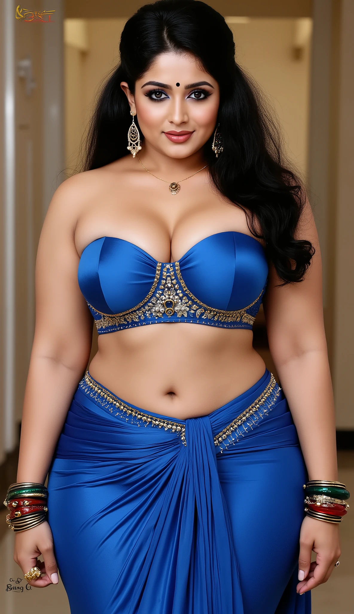 Angelawhite in a punk gothic rider style ((Bimbo)) black hair A 30-year-old busty Indian woman stands confidently, her wavy hair styled in an elegant updo, and a closed lips,directed toward the viewer. She is wearing blue strapless bra, paired with a matching blue draped bottom piece featuring an embellished waistband. Her midriff and toned waist are visible, highlighting her curvy figure. Adorned in traditional Indian jewelry, including gold dangling earrings, colorful bangles, and a small bindi on her forehead, she exudes elegance and charm.