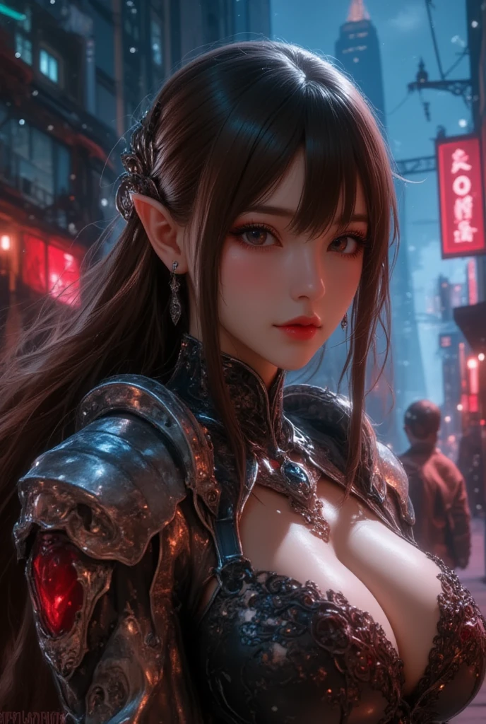 masterpiece,best quality,high resolution,8k,(portrait photo:1.5),(R Original Photo),real picture,digital photography,(Combination of cyberpunk and fantasy style),(female soldier),20 year old female elf,Random hairstyle,white hair，purple eyes，through bangs,(red eye breasts, Accessories,Keep your mouth shut,Elegant and charming,Serious and arrogant,Calm and handsome,(Cyberpunk combined with fantasy style clothing,hollow-carved design,big breasts，joint armor,photo poses,Realistic style,gray world background,oc render reflection texture，sentry，futuristic city，Medium distance photography