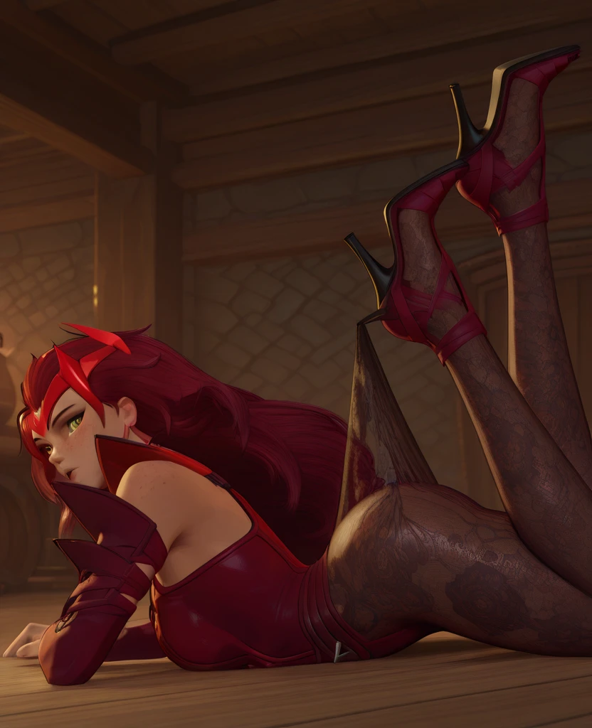 elf, purple and red , brown long hair one side ponytail, gold ear cover armor, blue glowing earrings, orange eyes, red ribbon on top of head, ponytail bun, silver swords in hands, leaning over forward, sensual lighting, arm band, silver cross necklace with purple rose, looking down at camera