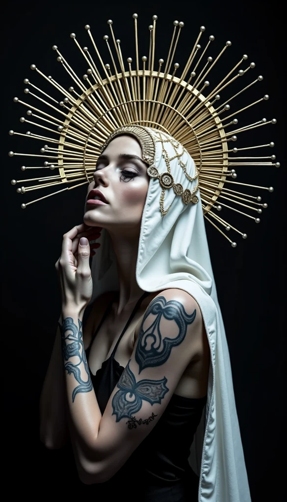 Image of the head of a large-breasted Nun with several tattoos on her face who smokes and has a provocative habit