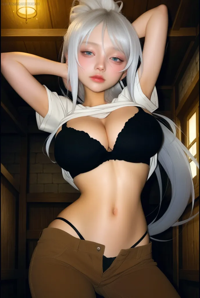 absurderes,(​masterpiece、top-quality、8K ),intricate detailes,ultra-detailliert、(One beautiful woman,A MILF:1.2),Silver hair,Long ponytail,Mega Ponytail,Armpits,long eyelashes,(Beautiful and detailed eyes),Glossy lips,(A slight smil:1.2),(large full ???????:1.3),(Black bra、Black T-back:1.3),(cleavage of the ??????、thighs thighs thighs thighs:1.3),(sitting on a bed、knee up:1.2),(Hands behind the head、Pull up your hair:1.3)、bedroom、deep in the night、Cinematic lighting 、Hyper realistic,Perfect ???????