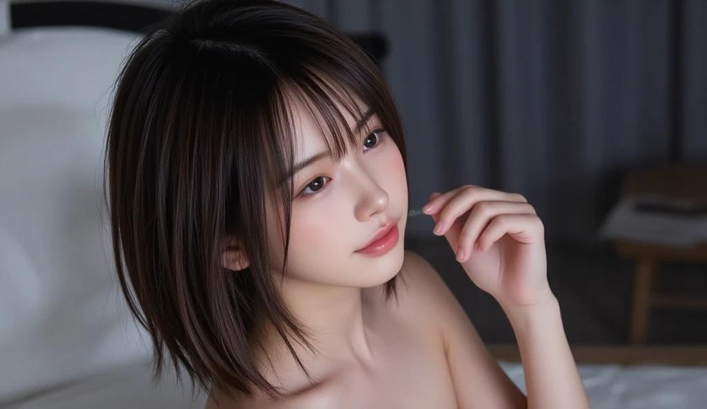 50 year old beauty，Perfect Eyes，Short cut with smooth and shiny hair、Her hair is light pink、Realistic 3D images、Very beautiful brown skin，Bust is very very very small、Full body nude images、The background is an arcade、High resolution、high resolution、A seductive pose with her hair brushed back、high resolution写真、Her lips are a light orange color with a lustrous shine.、Hairless genitals、Clear, sharp images of the lower body、Masterpiece 8K(1.3)、A penis is inserted into the vagina、Lying in bed、Smiling gently