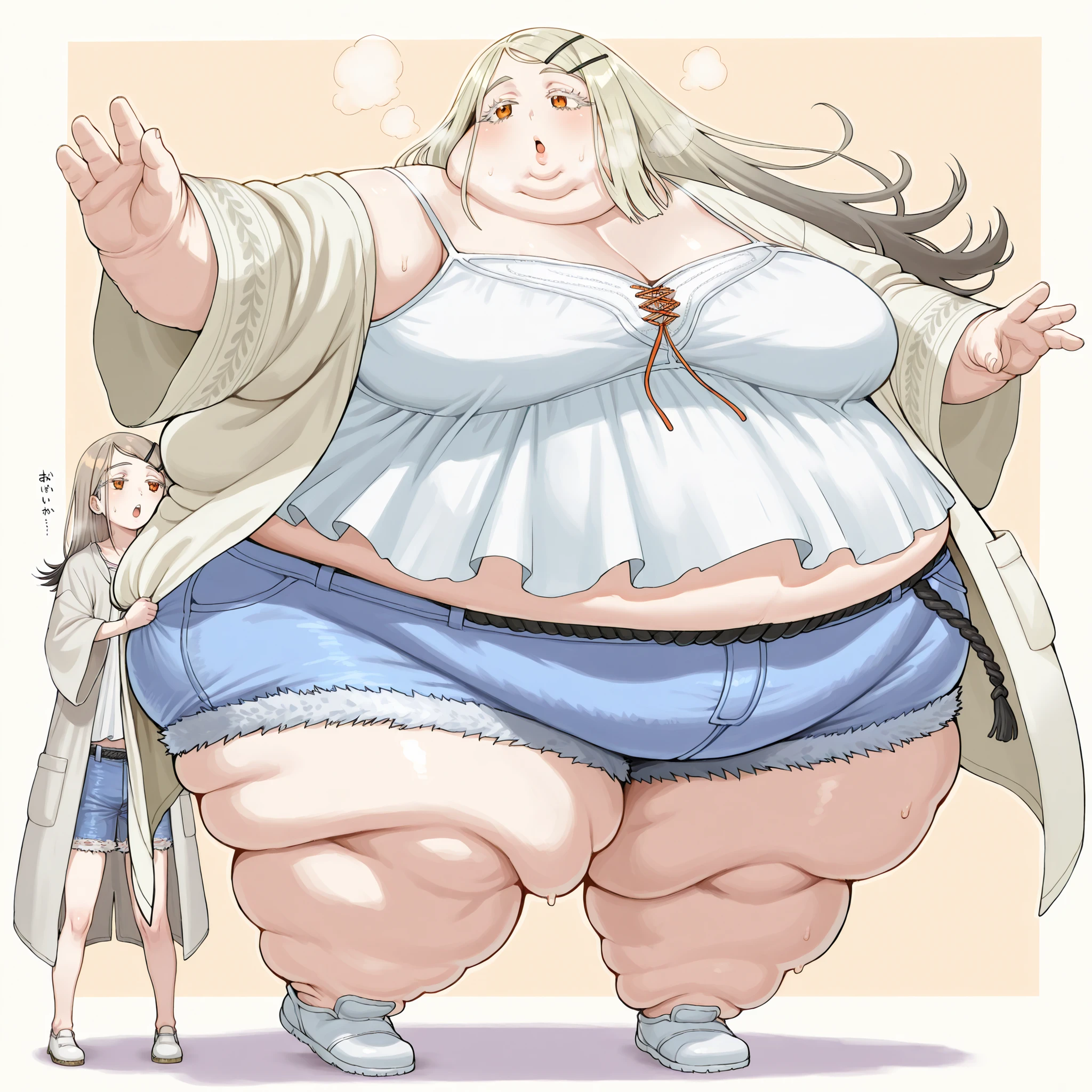 hiro-default,shinosawa hiro,slender,orange eyes,,white eyelashes,blonde hair,brown hair,long hair,hairclip,white camisole,denim shorts,coat,wide sleeves,belt,white footwear, fat, chubby, obese, fat neck, multiple chins, big breasts open mouth, out of breath, Larger female, full body shot, only head, large head, oversized limbs, large hands, large feet, oversized feet, oversized fingers, big lips, plump lips, fat face, fupa, big fupa, fat fupa, hunchback, 