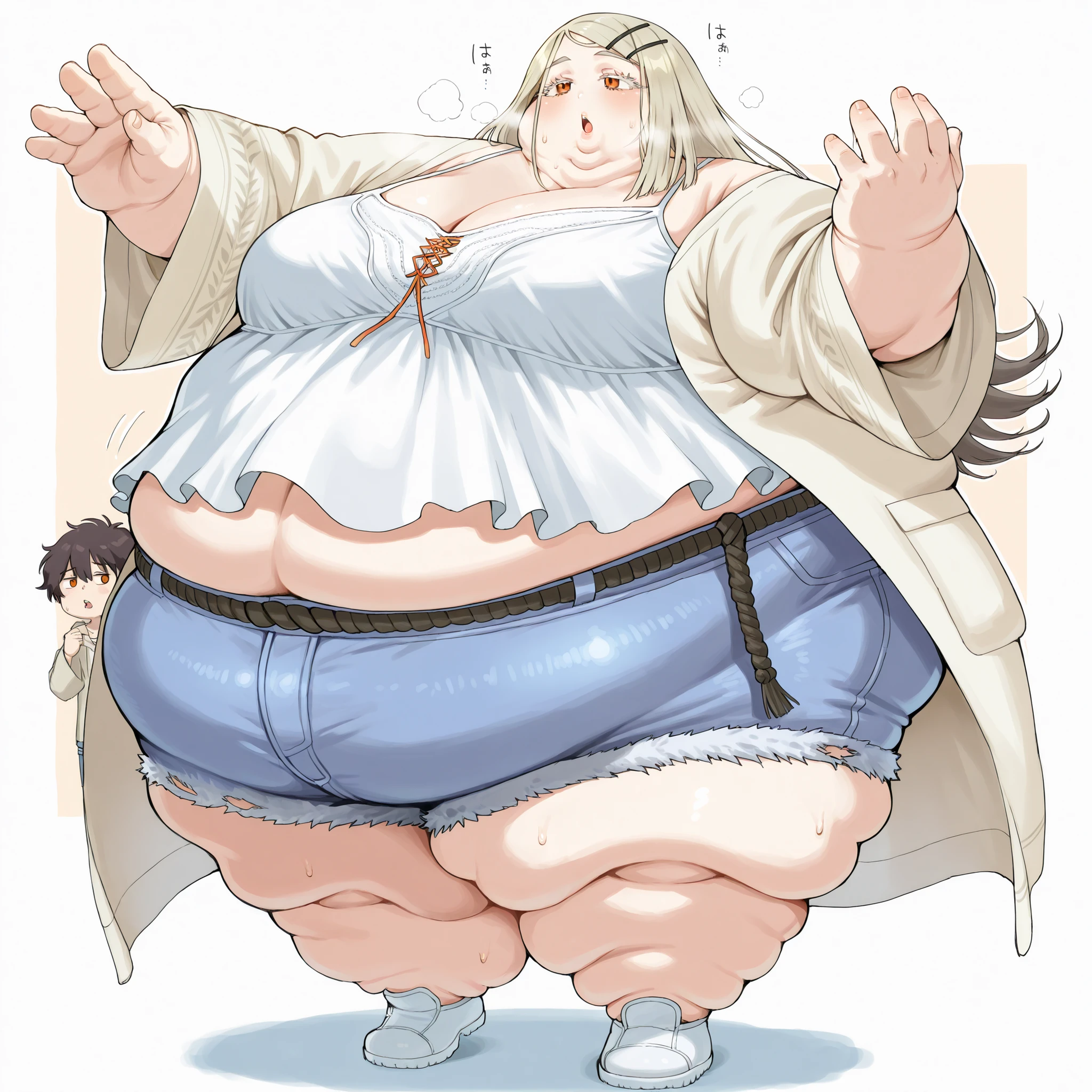 hiro-default,shinosawa hiro,slender,orange eyes,,white eyelashes,blonde hair,brown hair,long hair,hairclip,white camisole,denim shorts,coat,wide sleeves,belt,white footwear, fat, chubby, obese, fat neck, multiple chins, big breasts open mouth, out of breath, Larger female, full body shot, only head, large head, oversized limbs, large hands, large feet, oversized feet, oversized fingers, big lips, plump lips, fat face, fupa, big fupa, fat fupa, hunchback, 