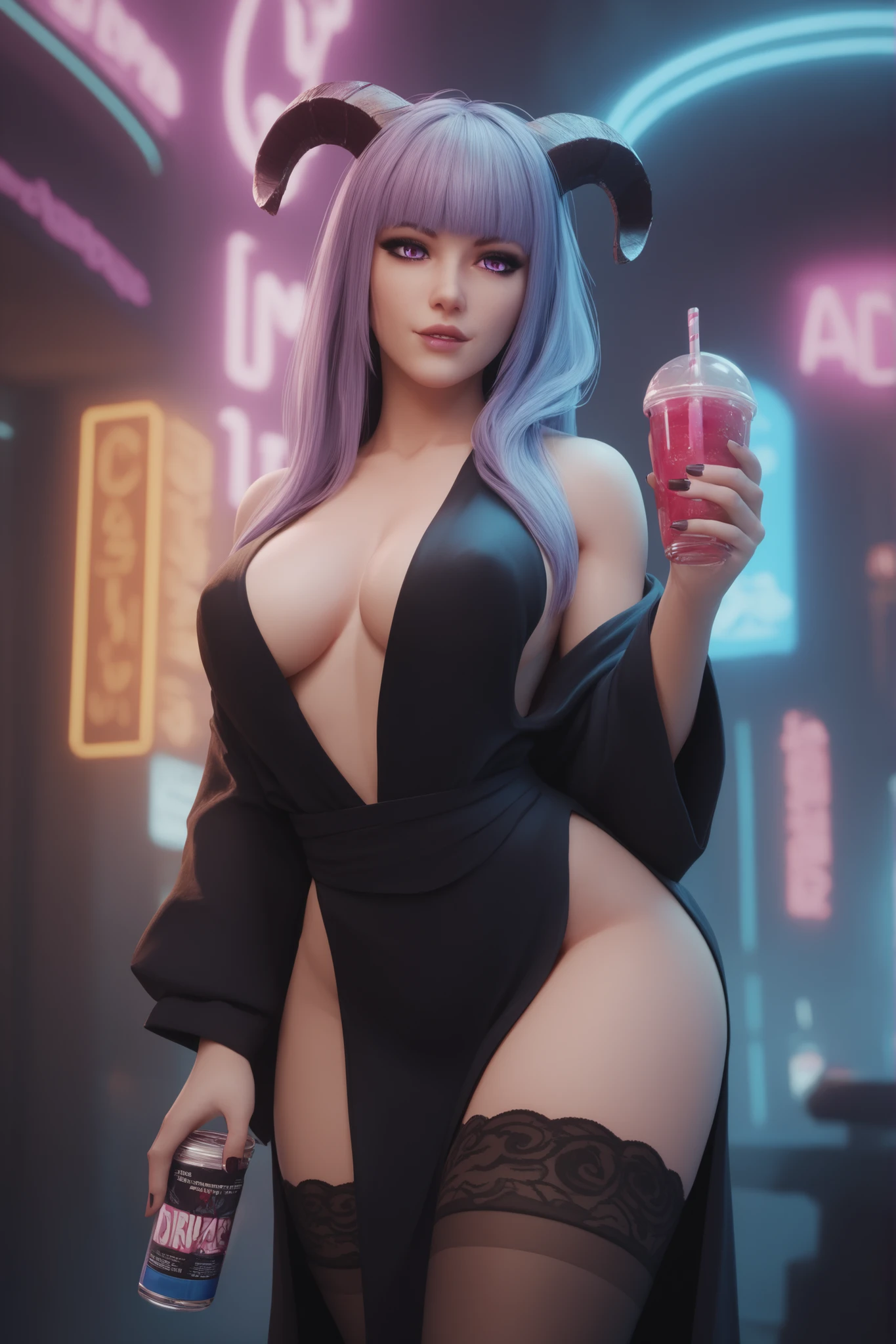 A young woman with (long lavender colored hair with a single braid accent),(grey colored eyes),(youthful freckles over nose), (anime) in bar, (choker necklace), (mischievous troublemaker), (sh44r) ,(bar setting). (best quality, 4k, highres, masterpiece:1.2), (ultra-detailed), (realistic, photorealistic:1.37), (vivid colors), (portrait), (bokeh), (soft lighting) full body photo